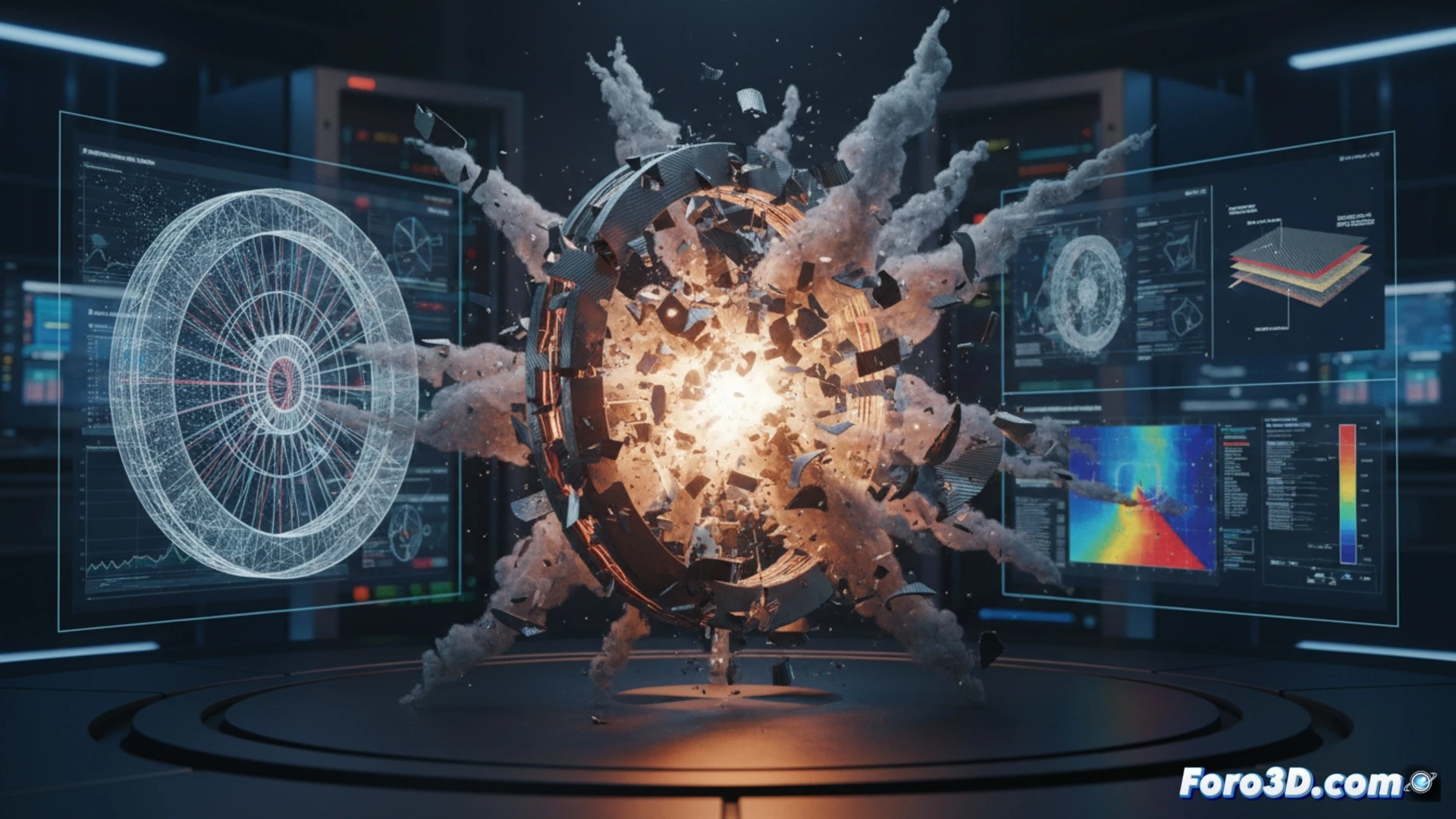 Reconstruccion 3D de flywheel de fibra de carbono explotado con fragmentos dispersos y analisis de fatiga por elementos finitos