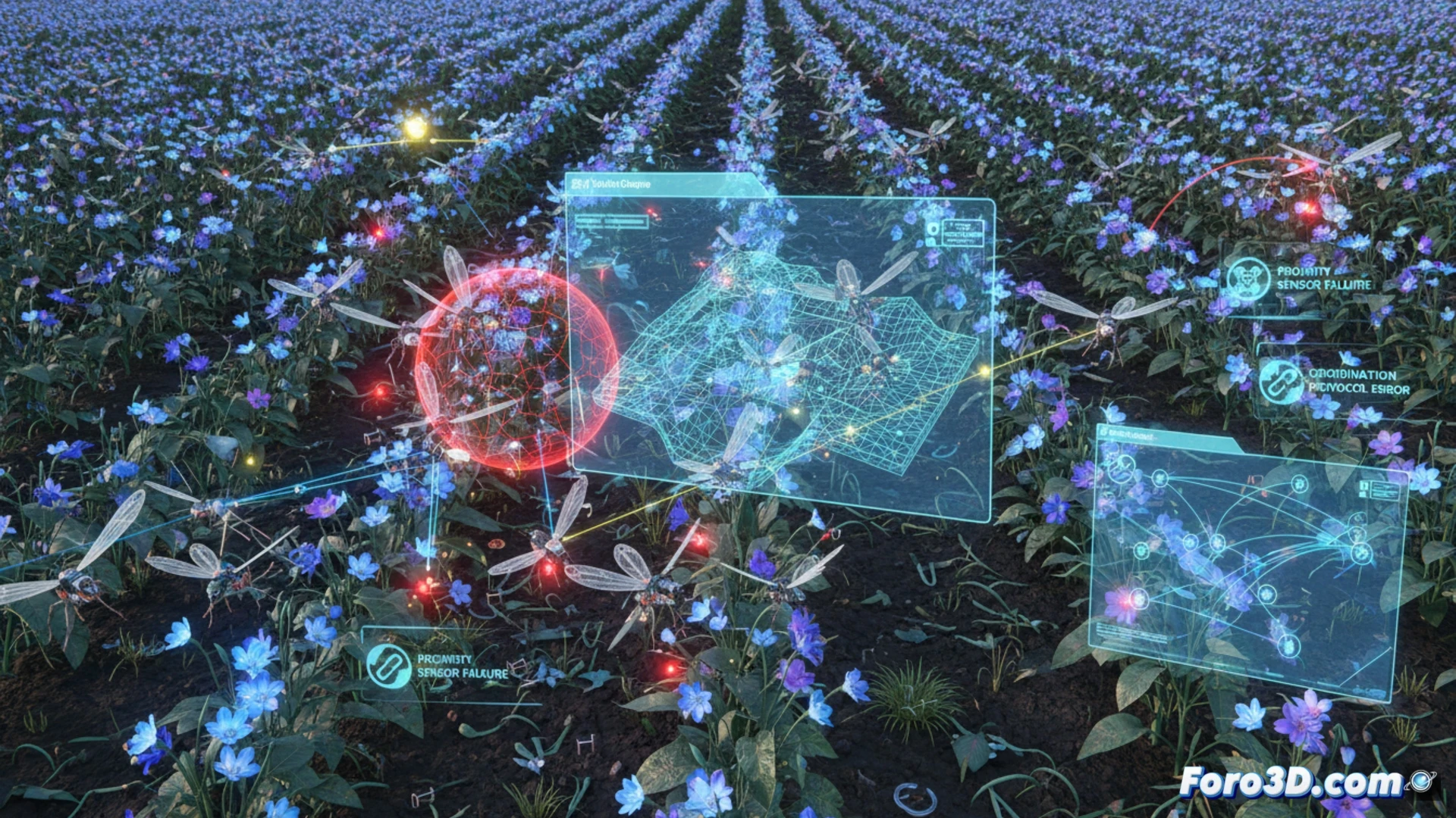 Reconstruccion 3D de trayectorias de enjambre de drones polinizadores chocando en cultivo experimental