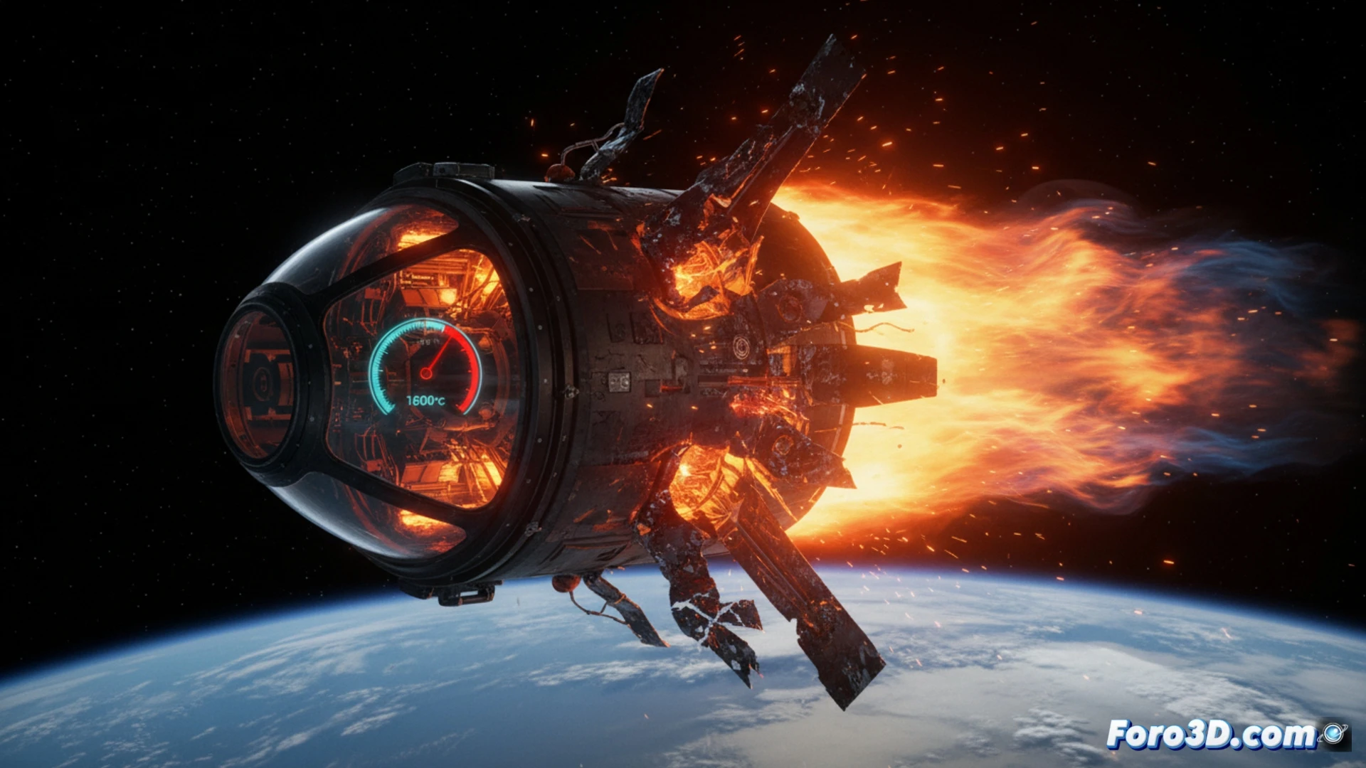 Simulación térmica de reentrada orbital con escudo protector dañado y pico de temperatura en fuselaje