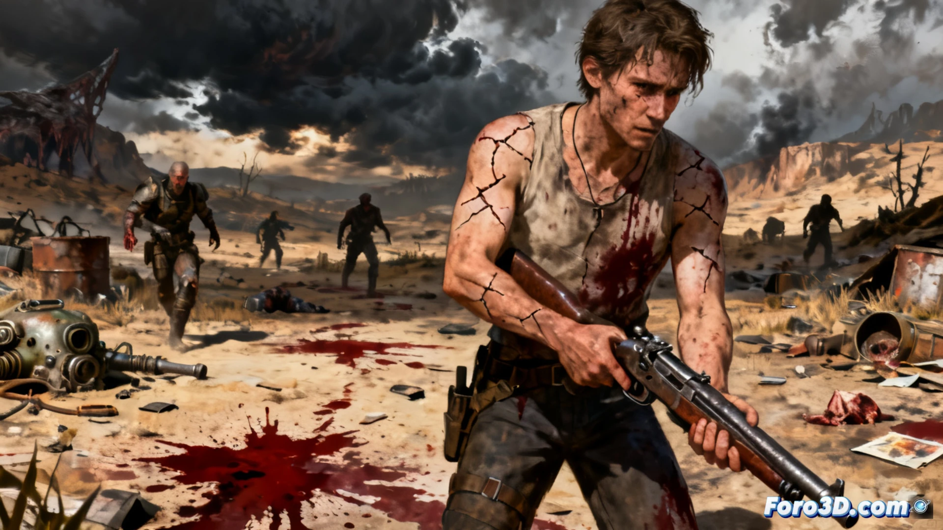 survivor crouched in ruined Boston street, pressing a blood-soaked bandage to a fractured leg wound while ghouls stalk forward alerted by the reload sound, empty pistol on ground, hunger and thirst meters visible as flickering red icons on a worn Pip-Boy, atmospheric fog and dynamic moonlight casting long shadows from collapsed buildings, cinematic survival horror composition, photorealistic textures, hyper-detailed blood splatter and torn fabric, dark blue and rust color palette, motion blur on approaching enemies, technical illustration of lethal gameplay mechanics