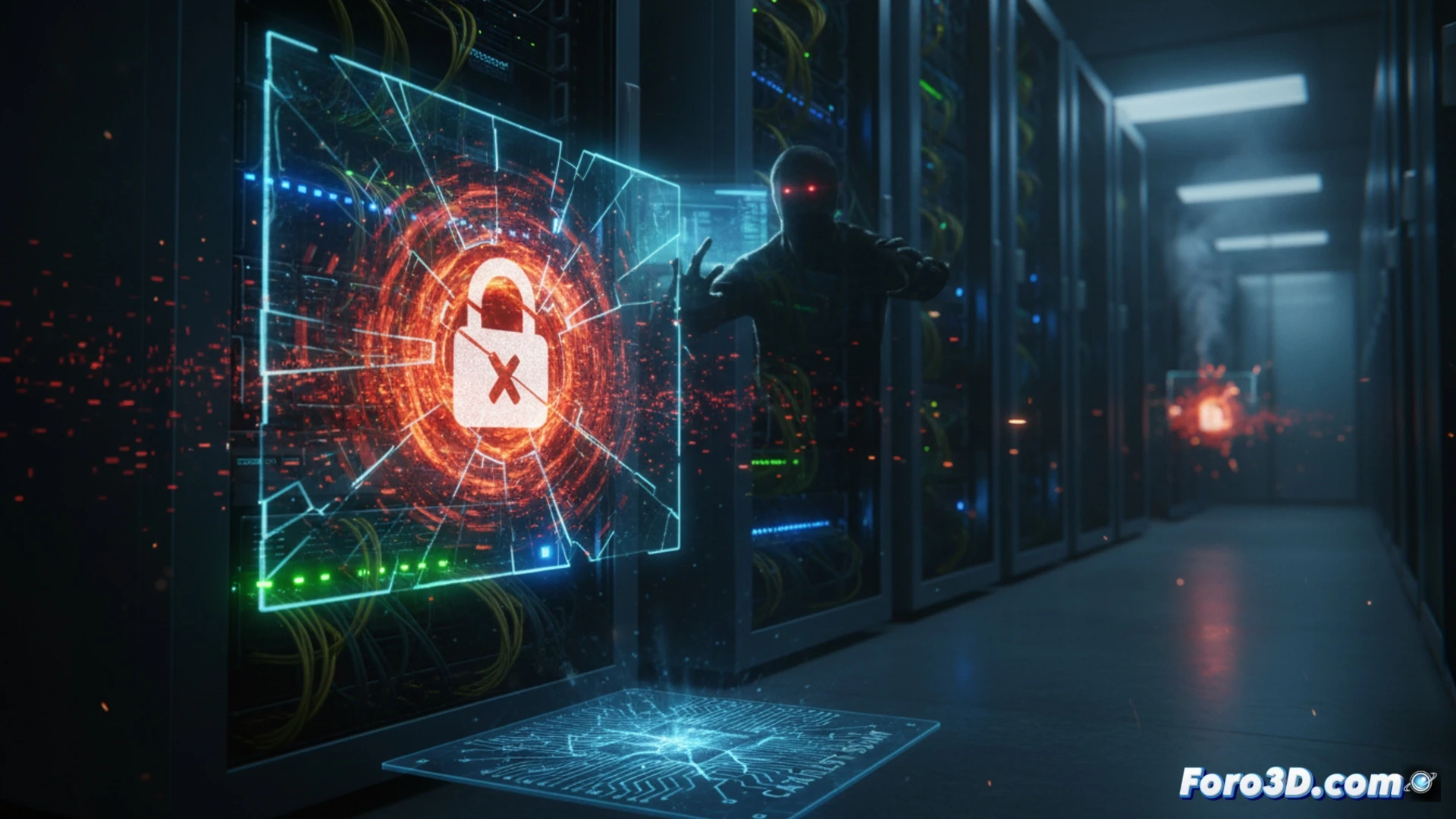cinematic technical illustration of a Cisco Catalyst SD-WAN controller motherboard mid-exploitation, glowing red alert indicators on the chassis, a digital padlock icon being shattered by a stylized lightning bolt, network cables disconnecting from ports, a shadowy figure silhouette reaching for a terminal screen showing a command line with admin privileges granted, dark server rack environment, red and cyan neon lighting, photorealistic hardware details, circuit traces visible on the board, dramatic shadows, ultra-detailed engineering visualization