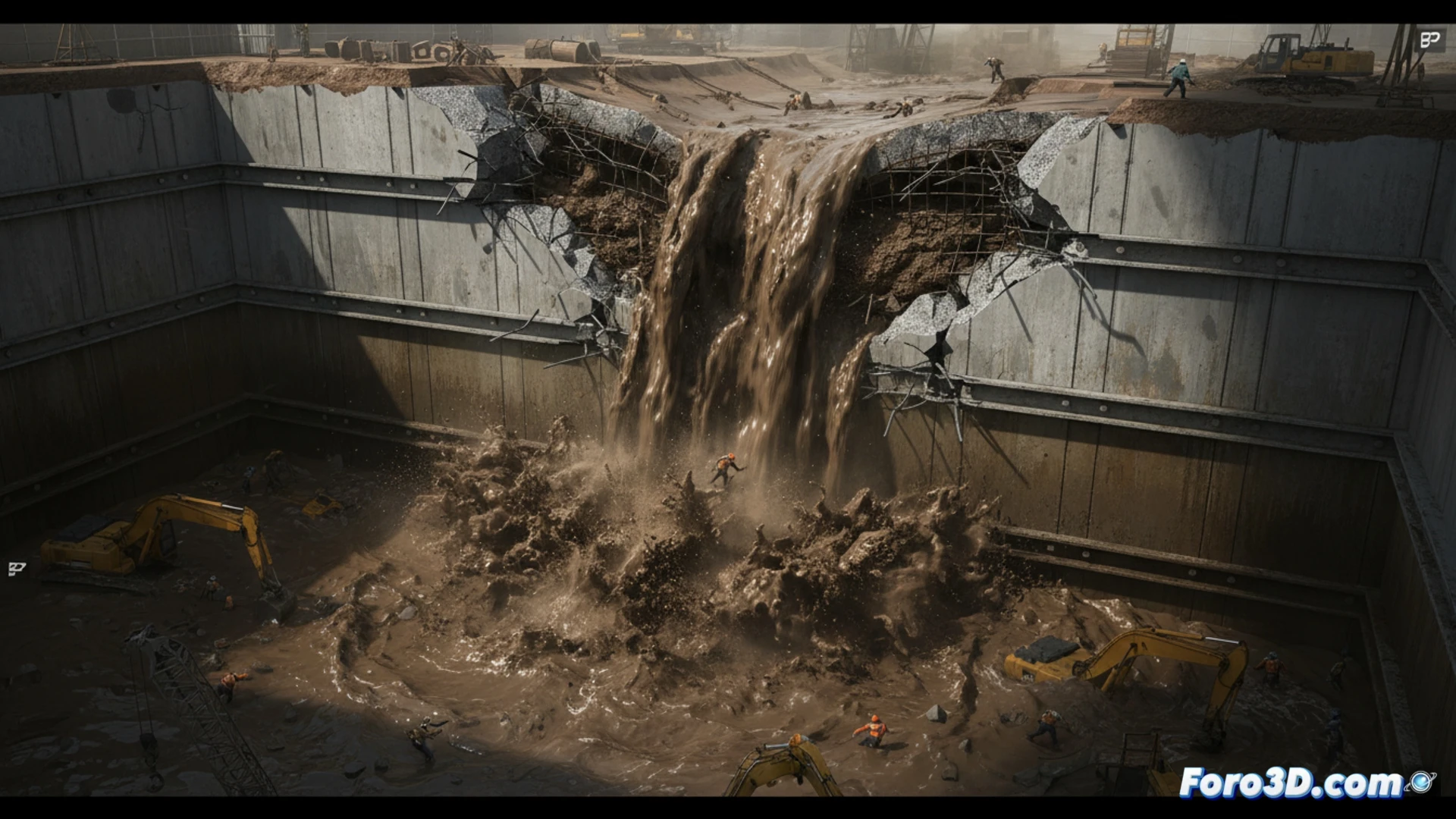 Fallo de muro pantalla por lodo en hormigón, inundación masiva en excavación profunda, análisis geotécnico.
