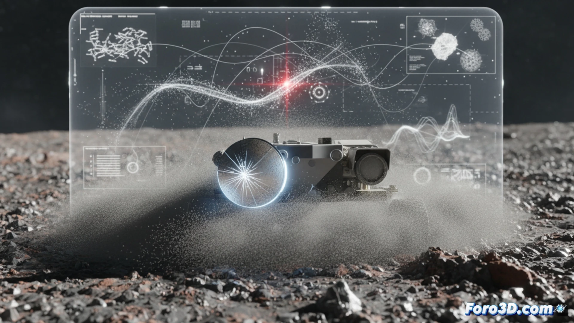 Simulación 3D de partículas de regolito lunar impactando un escudo electrostático en un rover espacial