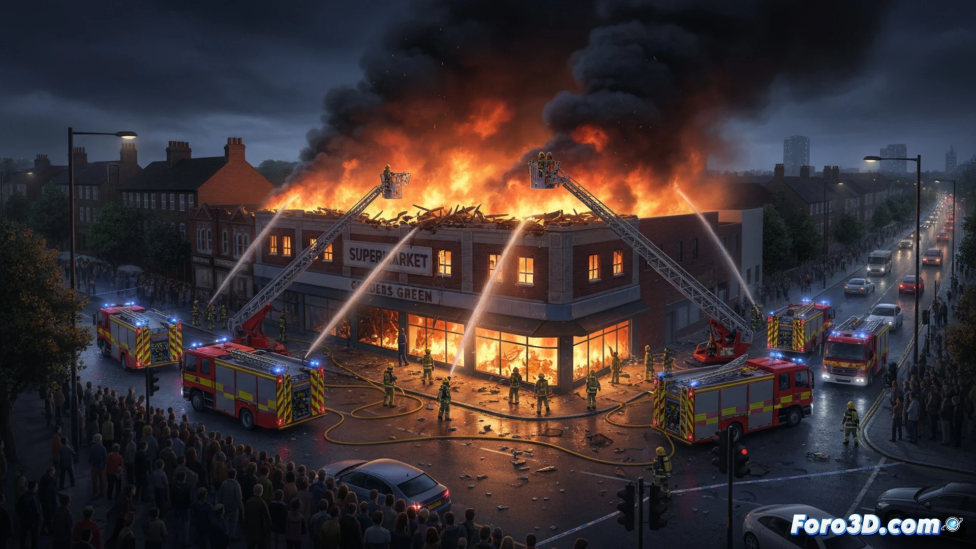 cinematic photorealistic scene of a supermarket ground floor engulfed in flames, electrical sparks shooting from a damaged fuse box on the wall, fire spreading to stacked cardboard boxes in storage area, fifteen fire trucks parked on Golders Green Road with firefighters unrolling hoses, smoke billowing into the first-floor windows above, traffic cones blocking the A406 North Circular in background, bright orange and red flames contrasting with dark night sky, ultra-detailed fire damage on building facade, dramatic emergency lighting, technical engineering visualization of electrical fire propagation