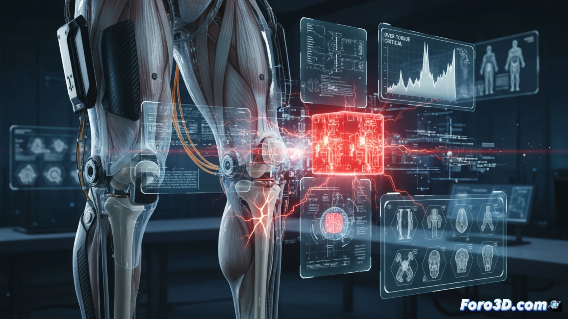 Reconstrucción 3D de exoesqueleto robótico mostrando sensor defectuoso en articulación de rodilla