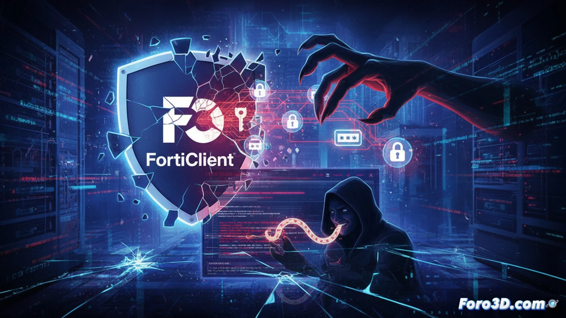 cybersecurity breach scene, FortiClient EMS server interface on a screen showing a critical vulnerability alert, a hacker's hand typing on a keyboard while malware code streams across a second monitor, digital padlock icon breaking apart into binary fragments, glowing red warning symbols, network cables connected to a compromised server rack, dark corporate server room with blue emergency lights, photorealistic technical illustration, dramatic shadows, high contrast lighting, data packets being intercepted mid-transmission, detailed hardware components visible