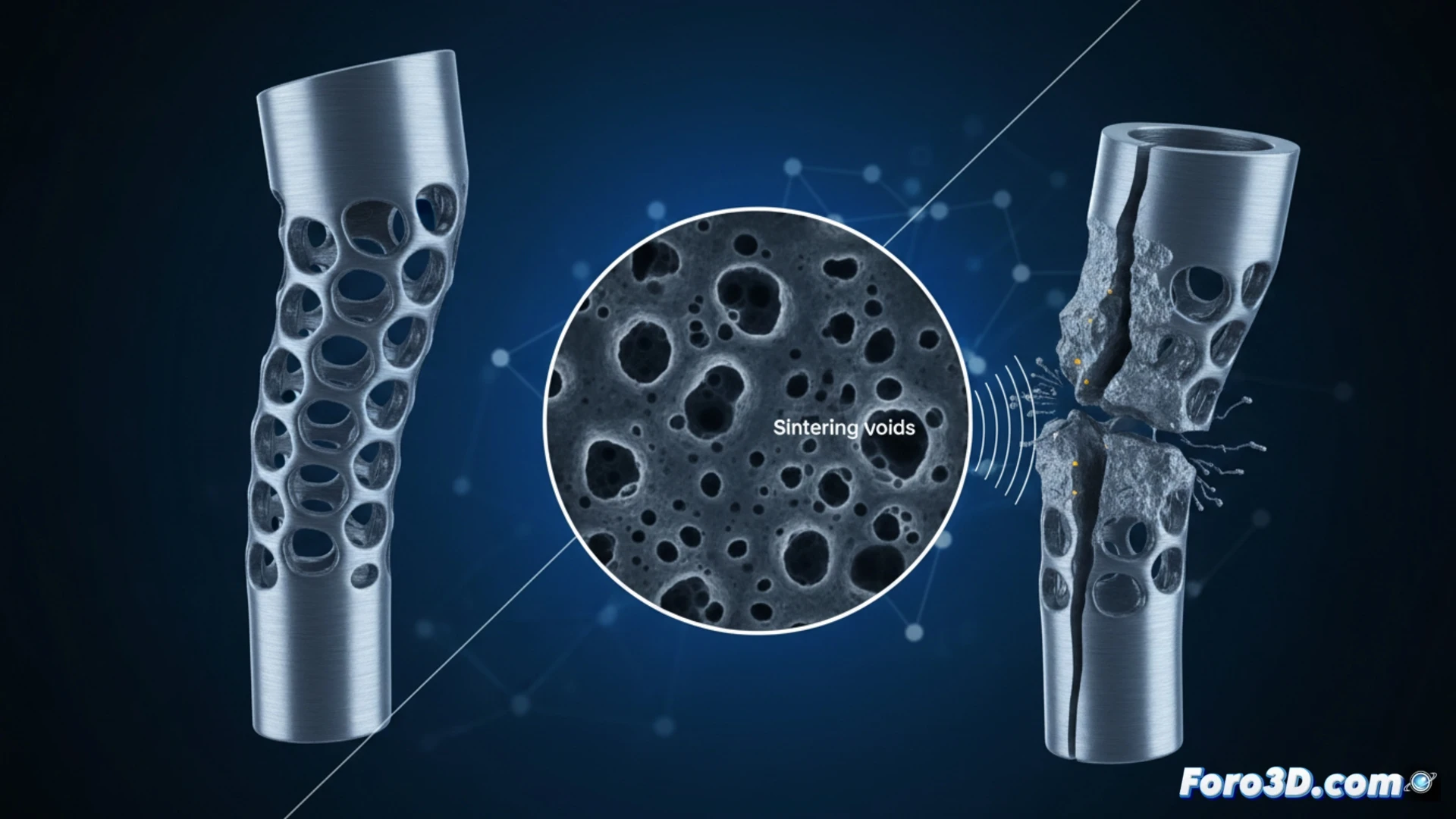 Micrografía de fractura en titanio impreso 3D con vacíos de sinterización internos