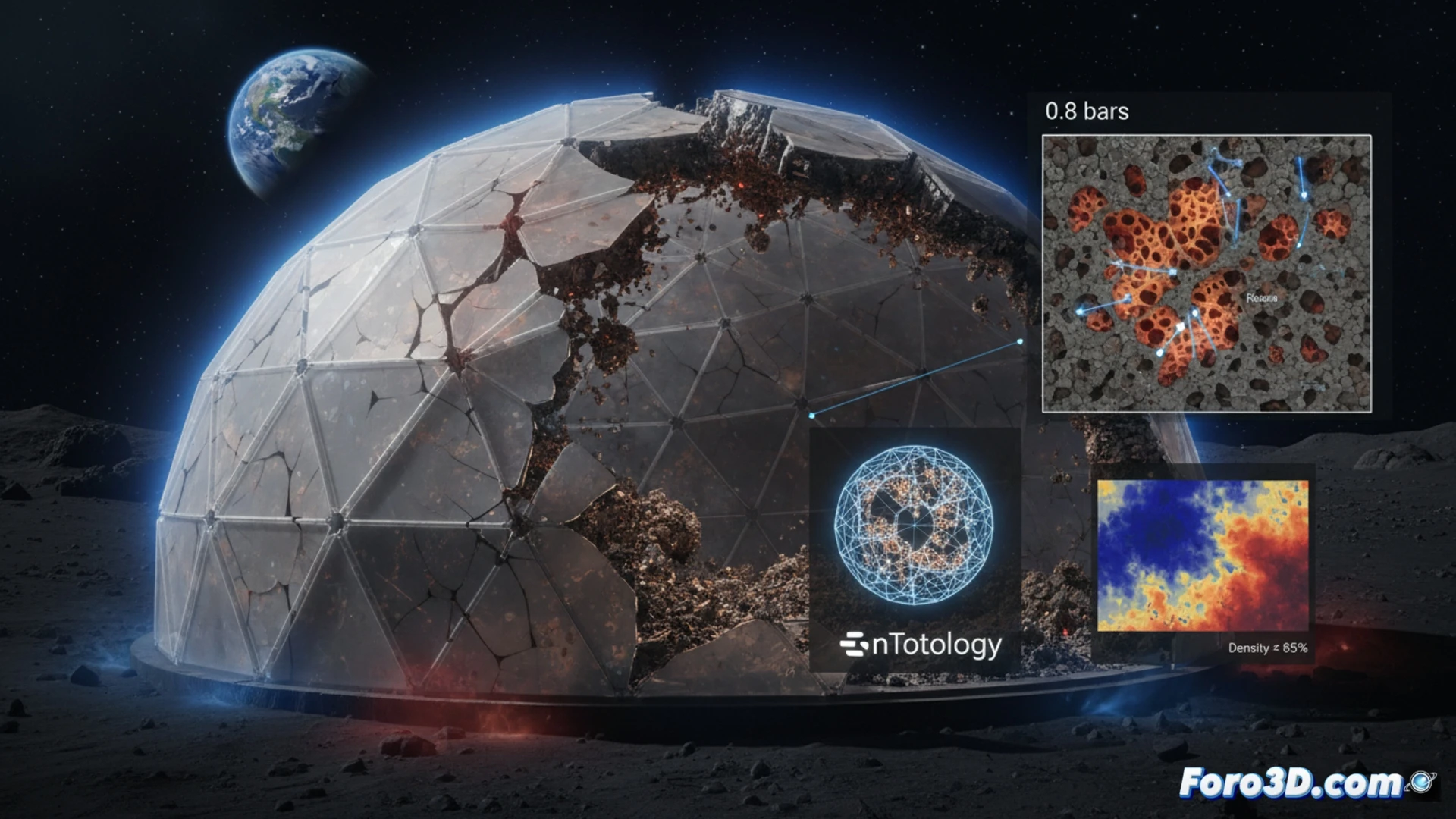Cúpula lunar agrietada con mapa de porosidad interna en tomografía 3D y mallado estructural