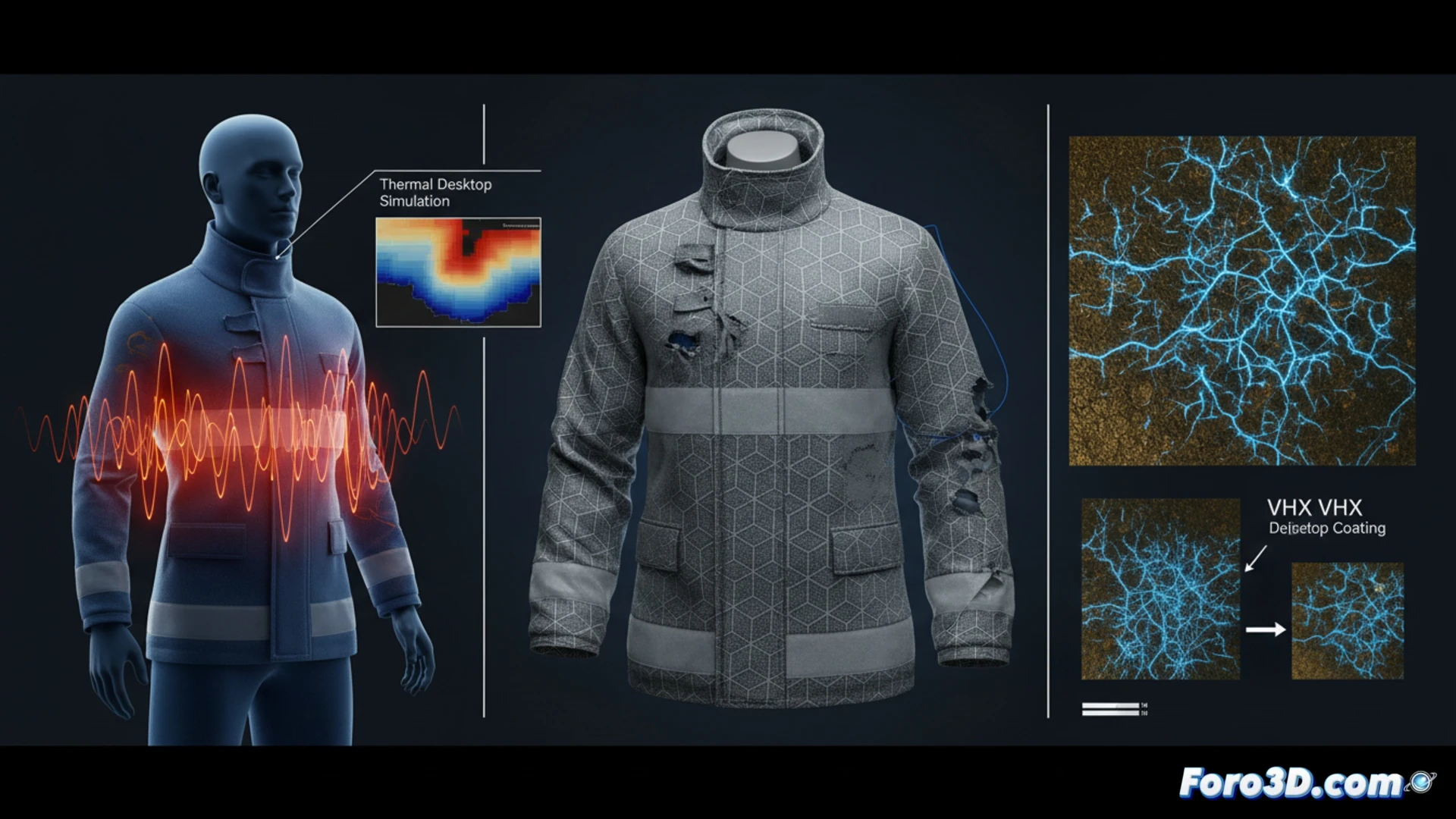 Simulación 3D de fallo térmico en traje ignífugo con microscopía forense de microgrietas en recubrimiento de aluminio