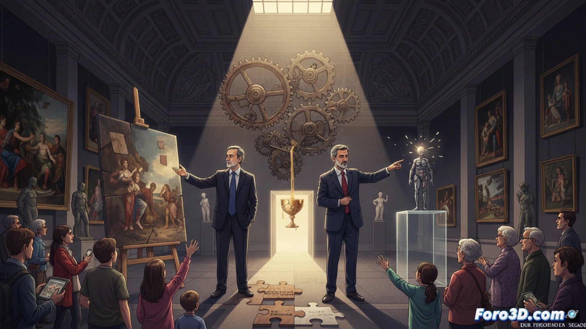Dos directores de museo de pie frente a un plano arquitectónico digital iluminado, uno señalando un gráfico de barras que muestra presupuesto limitado mientras el otro sostiene una tableta con modelo 3D de sala expositiva, engranajes metálicos sobrepuestos simbolizando cooperación institucional, fondo con vitrinas vacías y focos LED parcialmente apagados, estilo fotorrealista cinematográfico, iluminación dramática de estudio, texturas de papel técnico y pantallas táctiles, tonos azul acero y ámbar cálido, composición simétrica profesional