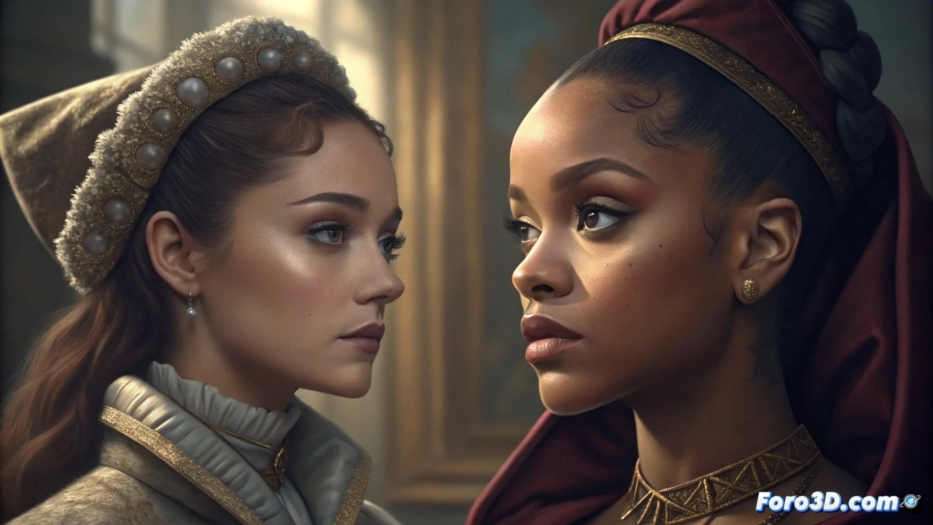 Una pantalla partida muestra dos retratos hiperrealistas de IA: Ariana Grande y Rihanna sonriendo, con un icono de alerta roja superpuesto. Al fondo, un teléfono emite una notificación sospechosa.