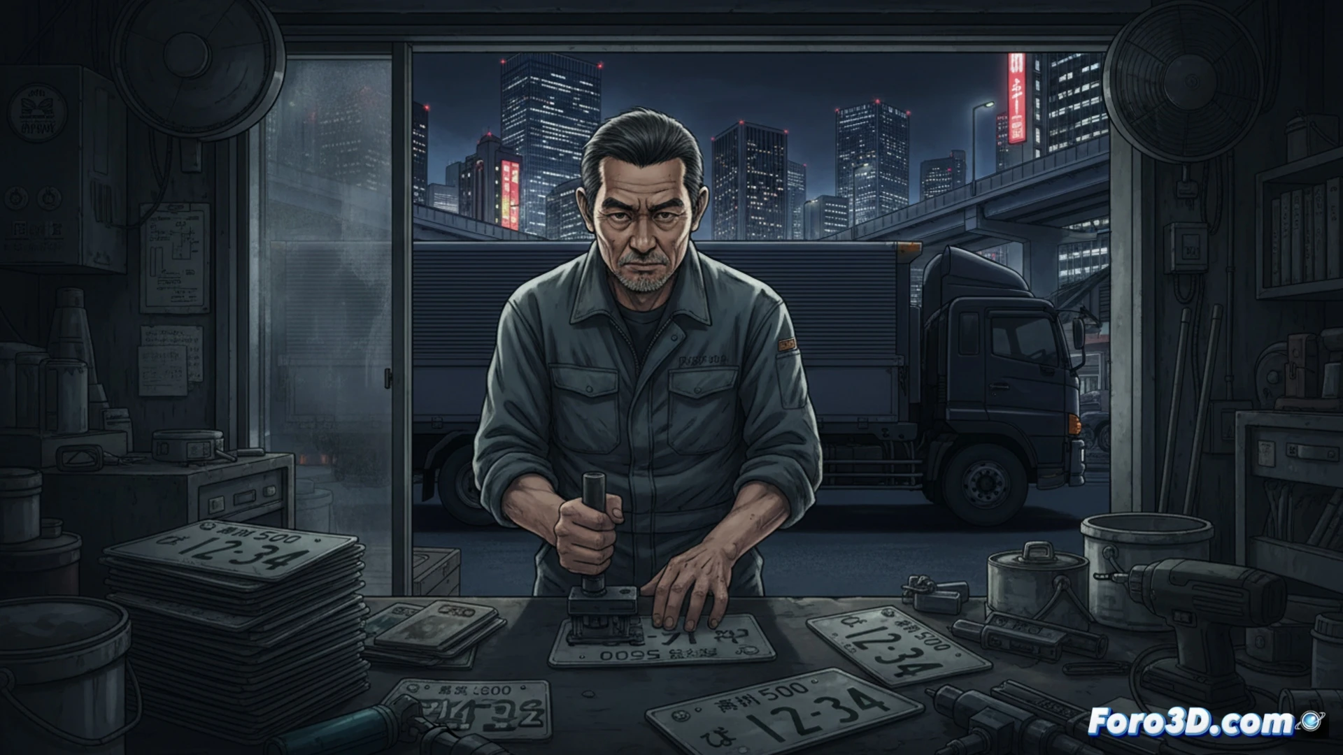 Close-up scene of a 69-year-old man in a Tokyo warehouse workshop, hands holding a counterfeit license plate beside a metal stamping press, a partially forged plate on the workbench with chisel marks and metallic shavings, surveillance camera in corner, industrial fluorescent lighting casting harsh shadows, photorealistic technical illustration, high contrast gritty texture, detailed mechanical tools scattered, showing the process of illegal plate fabrication, cinematic crime documentary style