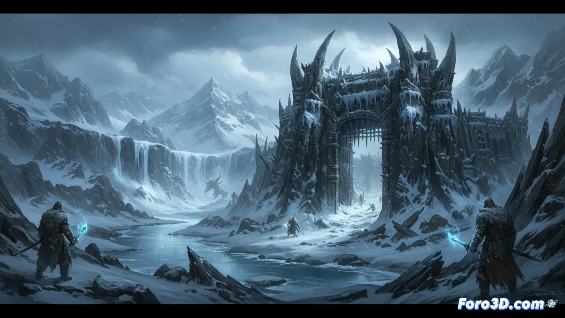 Paisaje nevado en Grim Dawn expansion Fangs of Asterkarn con ruinas y enemigos congelados