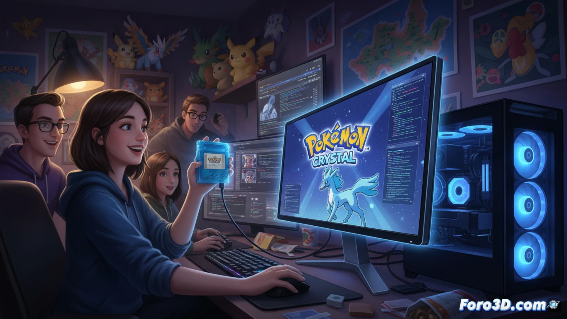 retro gaming handheld device displaying Pokémon Crystal battle screen on modern LCD, vintage Game Boy Color cartridge connected via USB adapter to PC monitor showing code editor with assembly language, nostalgic pixel art sprites rendered in high definition, glowing circuit board traces linking old hardware to new system, dramatic desk lighting, keyboard with glowing keys in background, photorealistic technical illustration, detailed electronic components, nostalgic warm color palette, midnight coding atmosphere