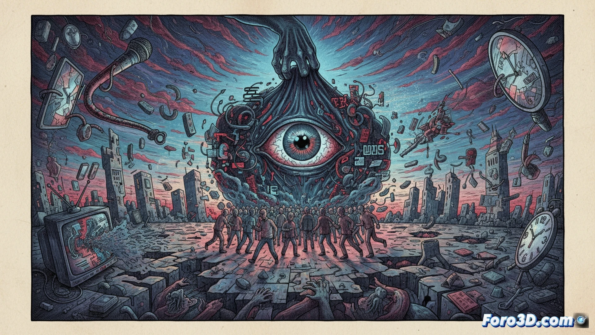 Cinematic scene of a crowded city square at dusk, distorted shadows of people morphing into monstrous silhouettes on walls, smartphone screens glowing with fake news headlines and conspiracy symbols, a giant magnifying glass held by a faceless figure refracting reality into fragmented puzzle pieces, photorealistic technical illustration, dramatic chiaroscuro lighting, smoke trails forming question marks, surveillance cameras with flickering red lights, scattered newspapers with blurred type, deep shadows consuming street lamps, hyperdetailed textures of concrete and glass, tension in the air