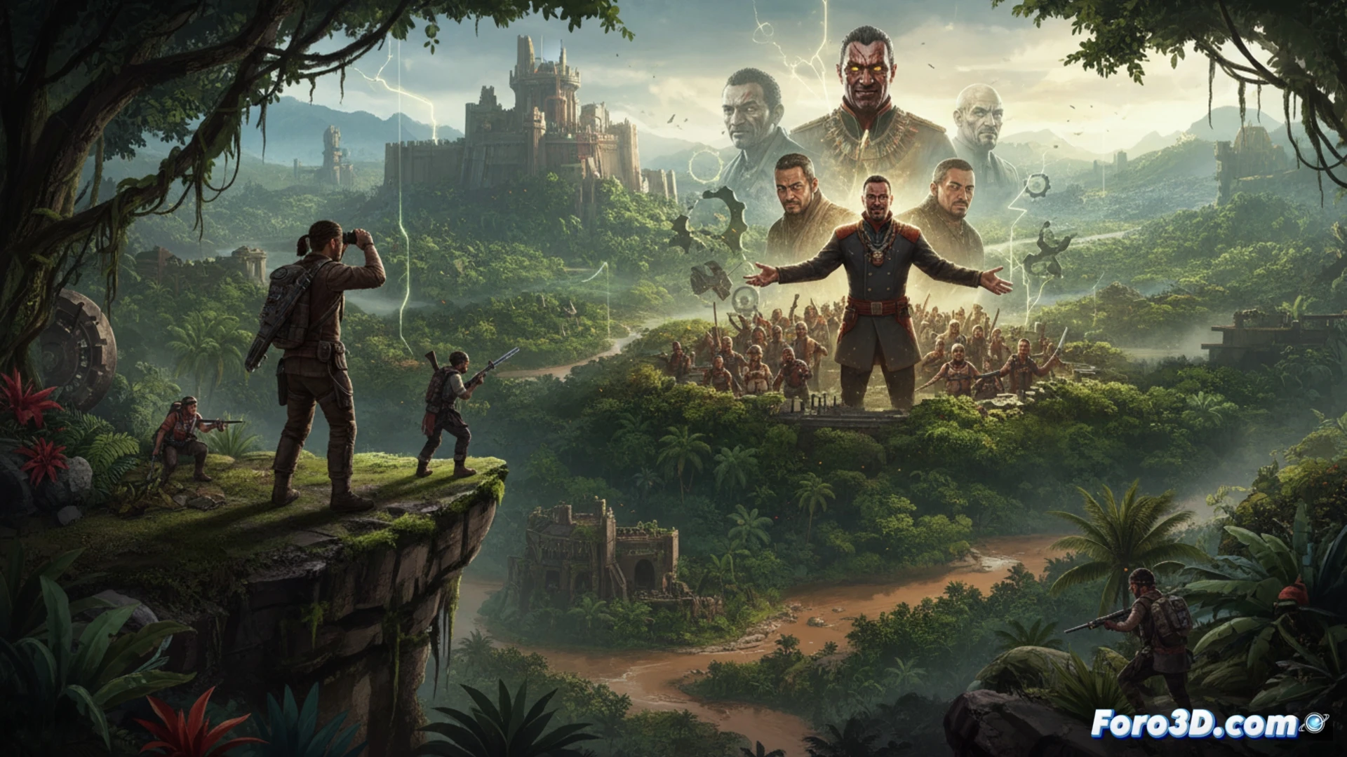 jungle canopy dense foliage, protagonist aiming a worn assault rifle at a distant silhouette, glowing red eyes of a tiger hidden in shadows, rusted satellite dish and broken radio tower in background, glowing holographic map on a wrist device showing a blinking waypoint, dramatic sunset light filtering through leaves, cinematic photorealistic render, high contrast shadows, dust particles floating in sunbeams, weathered military backpack on the ground, action frozen mid-step, tension between hunter and hunted