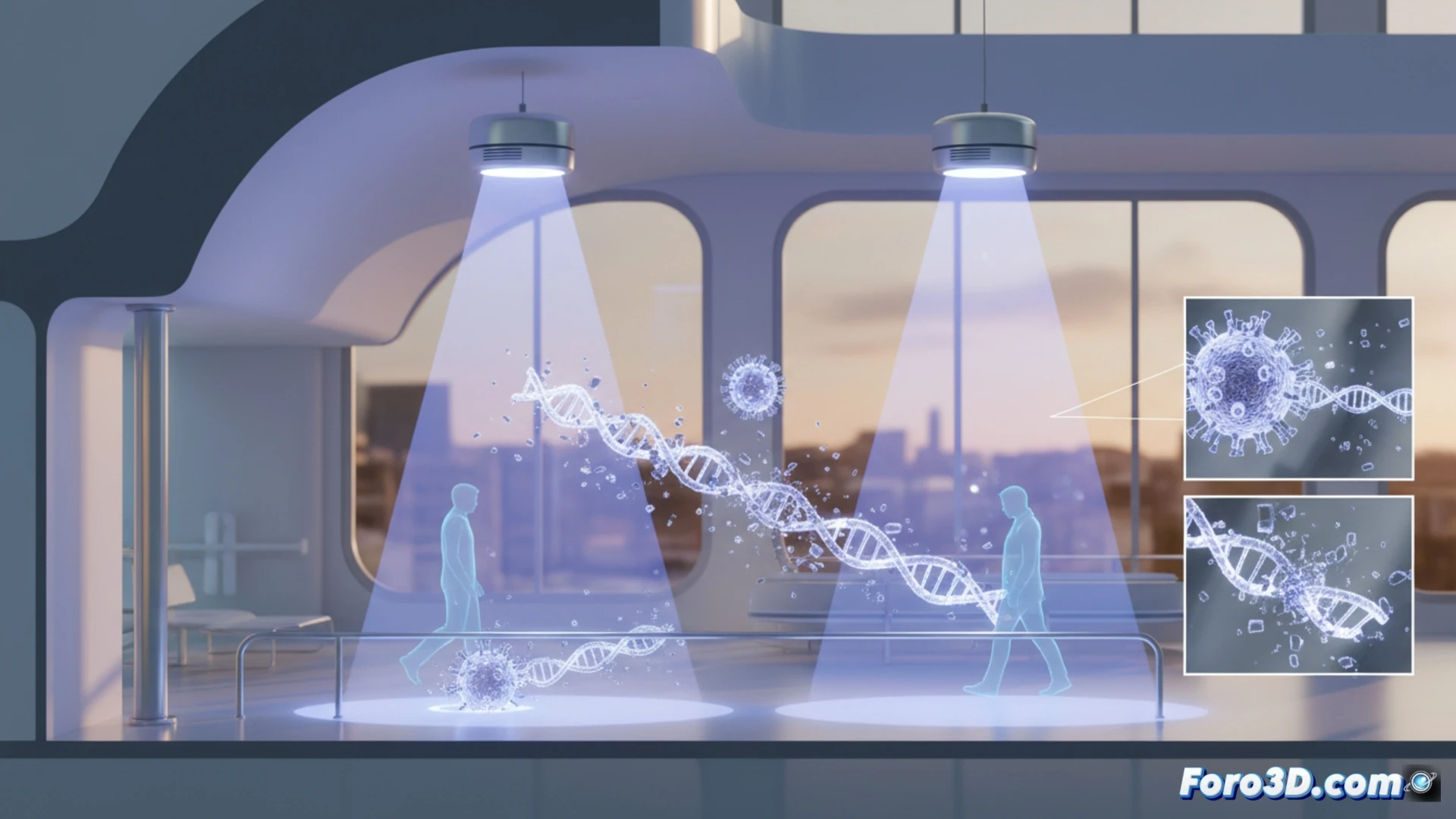 Simulación 3D de luz Far-UVC 222nm desinfectando virus y bacterias en un espacio público concurrido