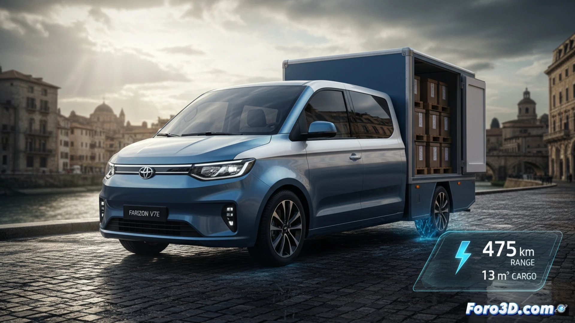 Farizon V7E eléctrica en ciudad europea, con carga trasera abierta mostrando 13m³ de espacio y fondo diésel desdibujado.