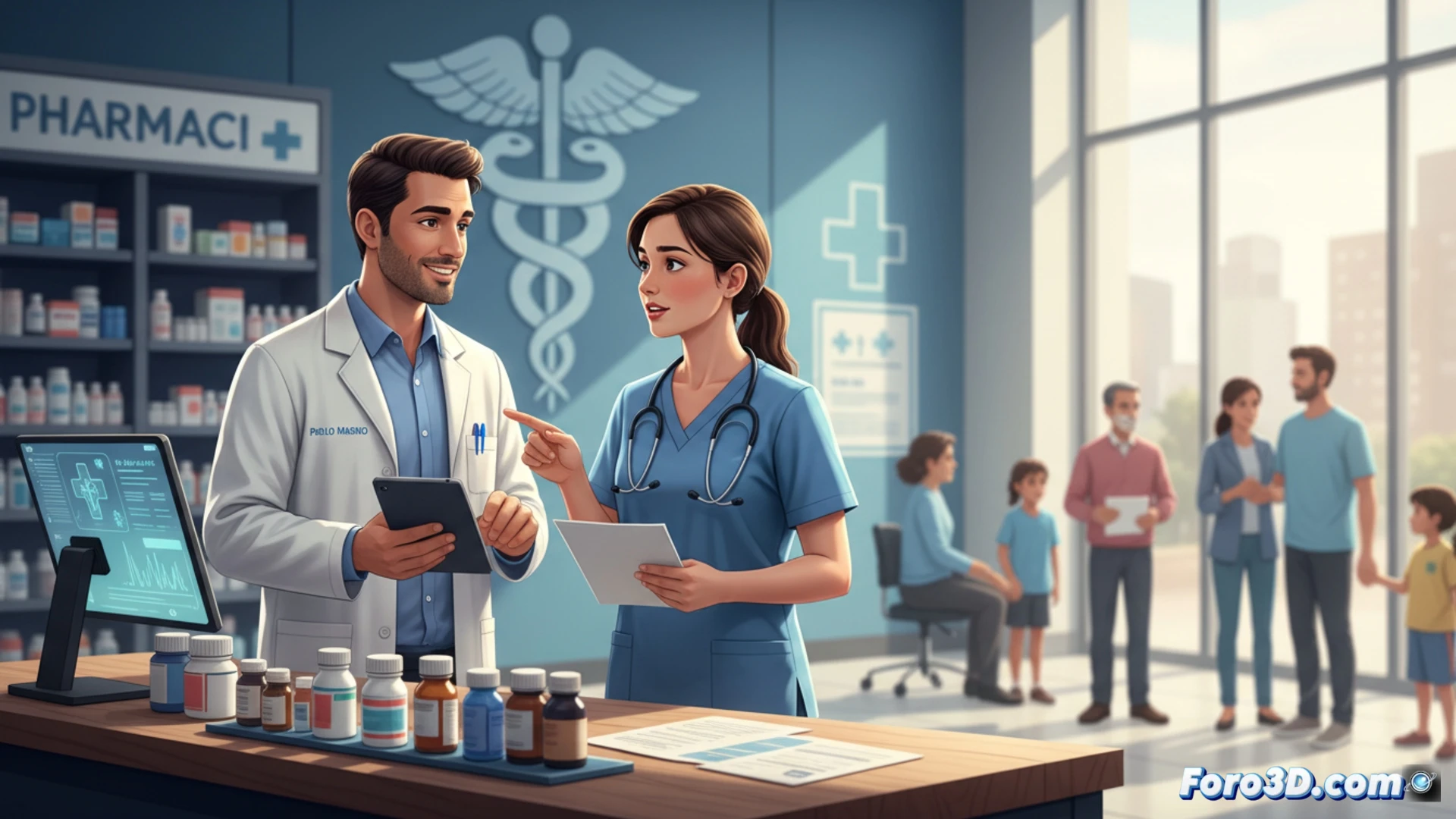 farmacéutico y enfermera en una consulta de atención primaria, de pie frente a un paciente, el farmacéutico sostiene un inhalador y muestra su uso correcto mientras la enfermera revisa una tableta clínica con gráficos de dosificación, mostrando colaboración técnica, estante con frascos de medicamentos y un monitor de signos vitales al fondo, luz natural suave, estilo fotorealista cinematográfico, enfoque nítido en las manos y dispositivos médicos