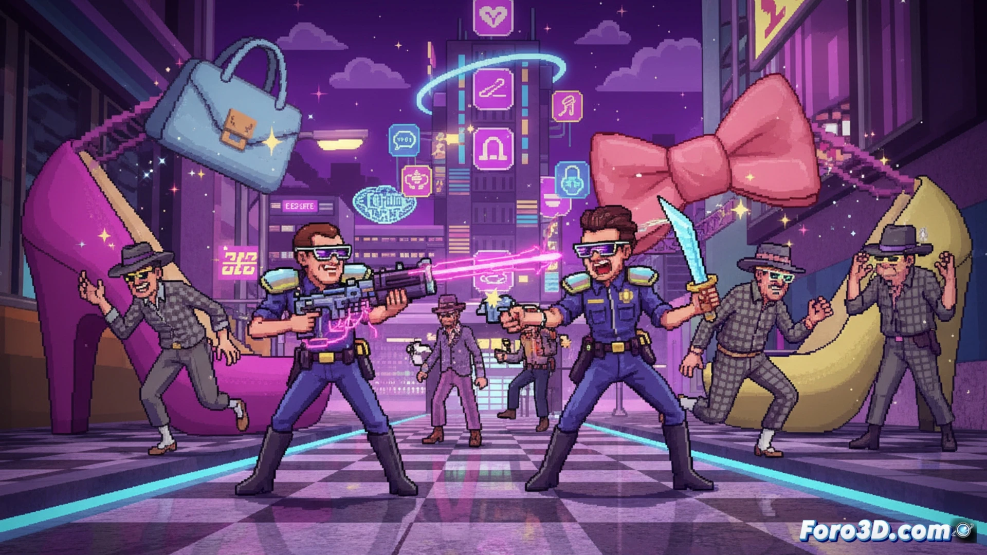 Sprites 2D de Fashion Police Squad en escenario 3D colorido con estilo retro y glamour