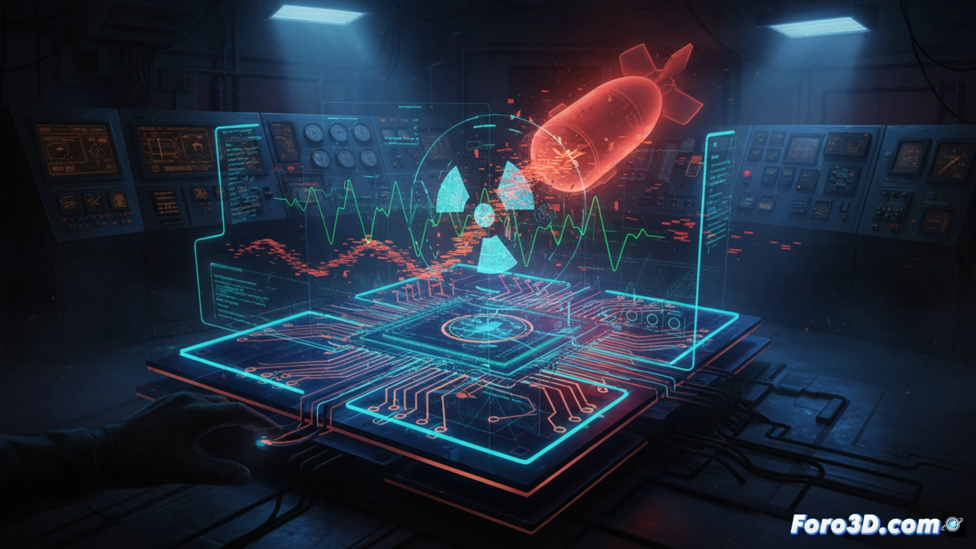 vintage computer terminal displaying nuclear simulation graphs with corrupted data, green monochrome monitor glow, malware code strings visibly altering test result curves, industrial control panel with warning lights blinking, oscilloscope showing erratic waveforms, retro-futuristic control room atmosphere, dust particles in dim light, technical engineering illustration, cinematic lighting with dramatic shadows, photorealistic render, detailed circuit boards and tape drives visible in background, action of data manipulation occurring in real-time