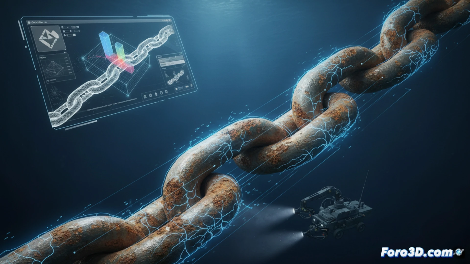 [Simulación 3D de cadena de anclaje con microgrietas por fatiga y corrosión galvánica en entorno marino]