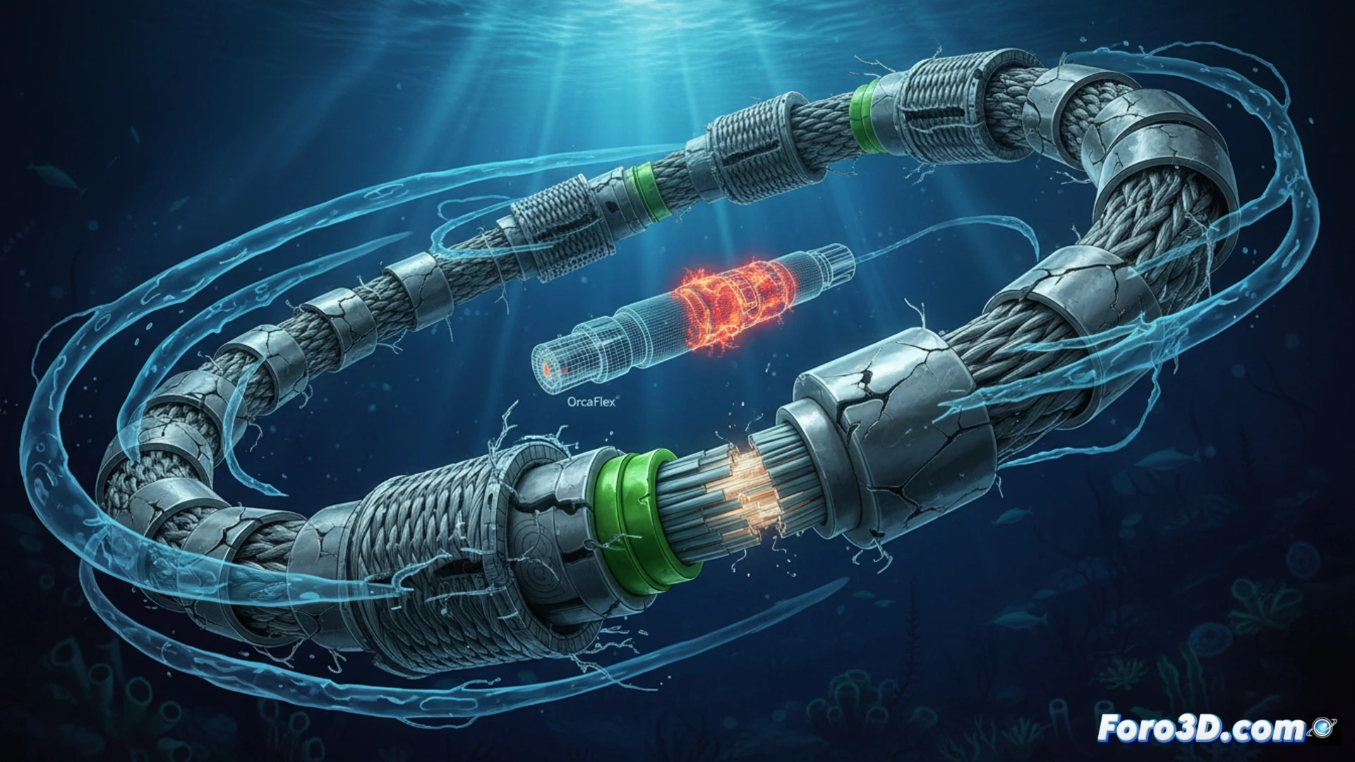 Simulación 3D de fatiga por torsión en cable submarino con corrientes marinas y lecho oceánico