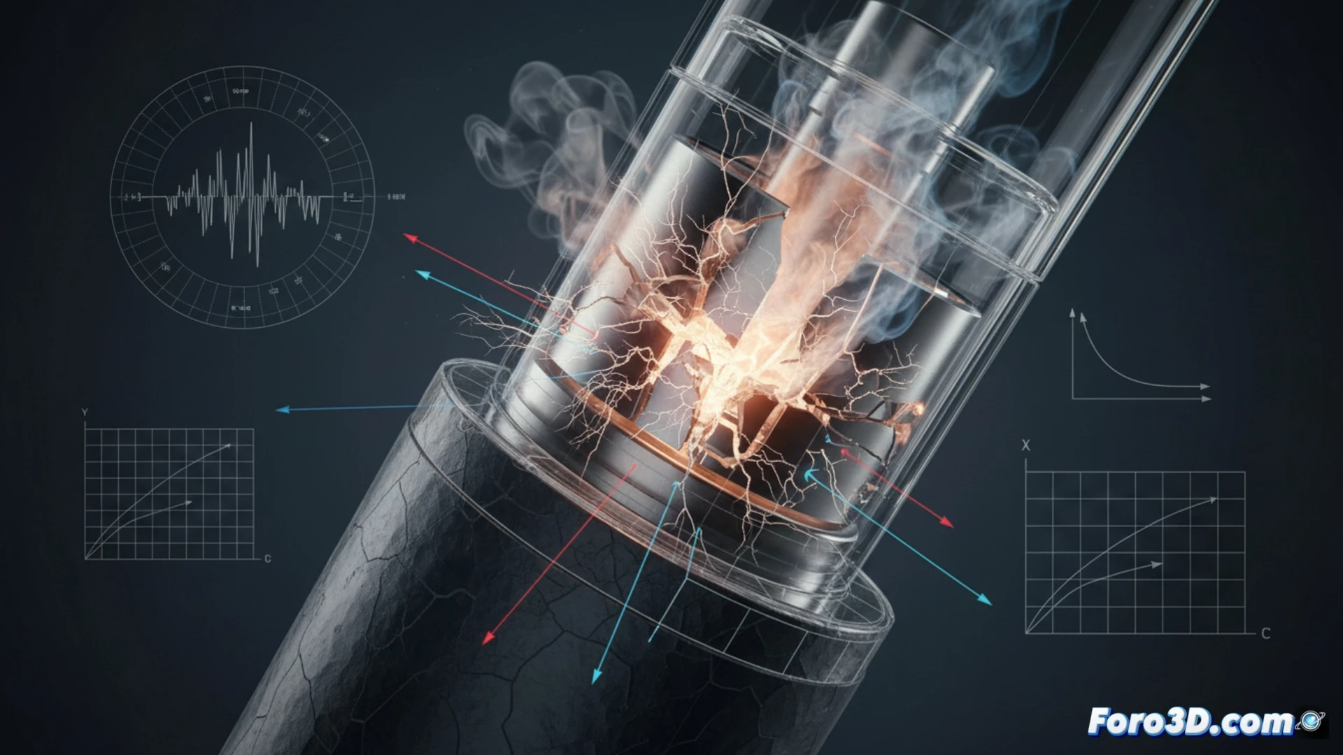 Simulación 3D de fatiga de materiales en extractor de vapeo mostrando microfisuras y colapso mecánico por ciclos térmicos