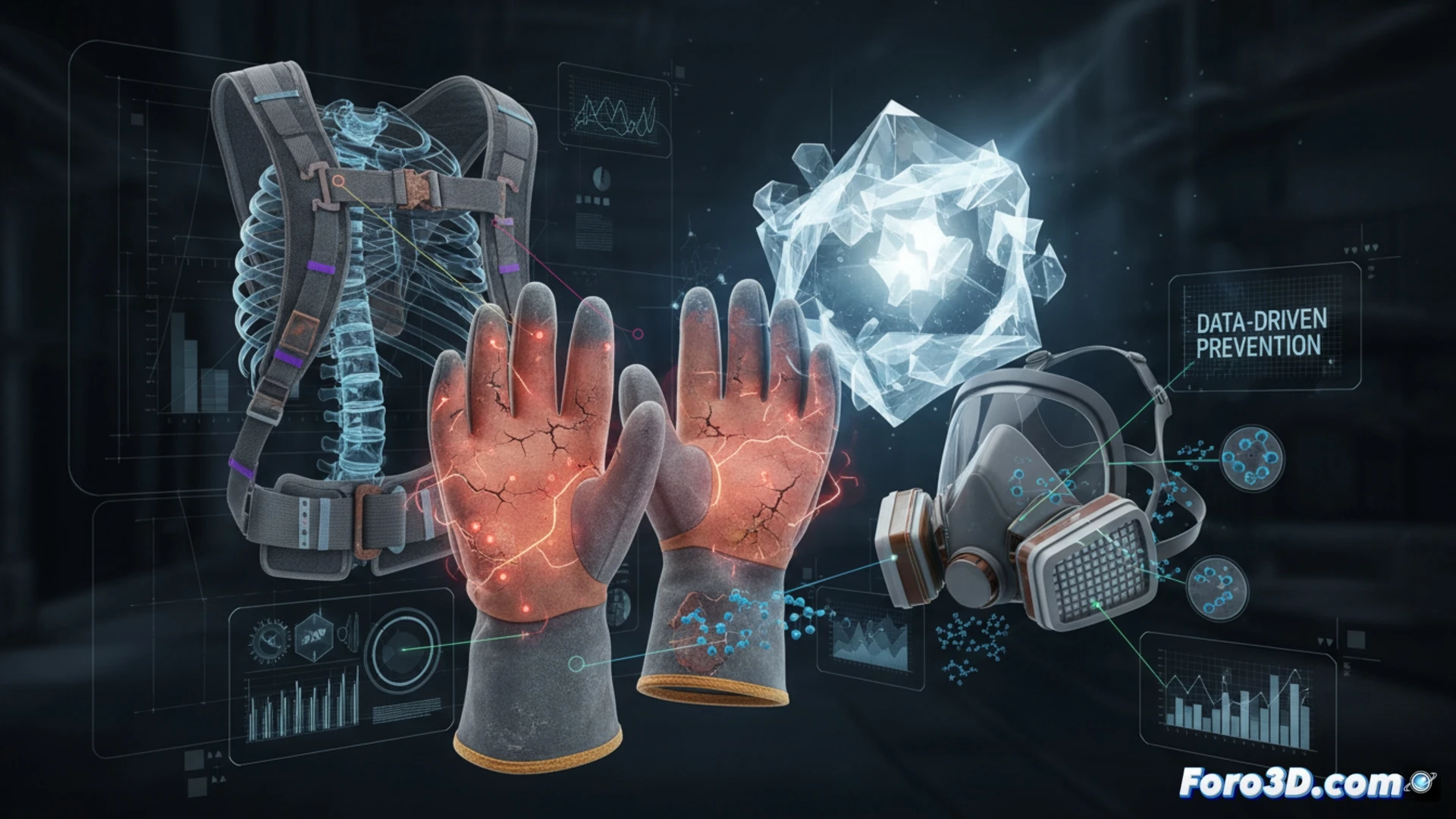 Simulación 3D fatiga materiales EPIs impermeabilizadores, degradación guantes y mascarillas por químicos y calor