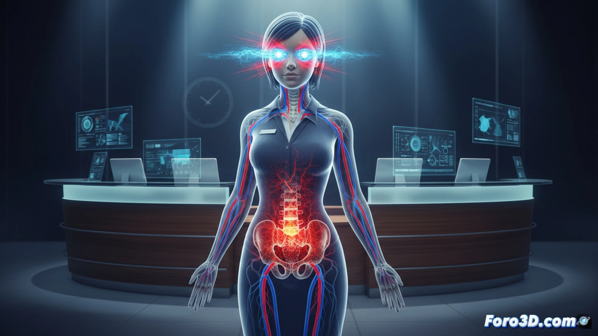 Simulación 3D de fatiga en columna lumbar y cervical de recepcionista por bipedestación y pantallas