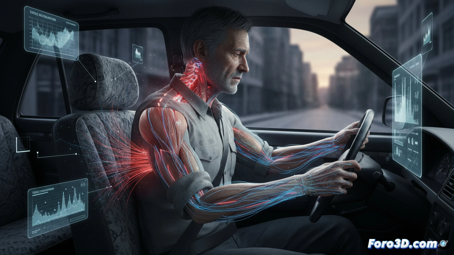 Simulación 3D de fatiga en columna lumbar de taxista por vibraciones y postura forzada al volante
