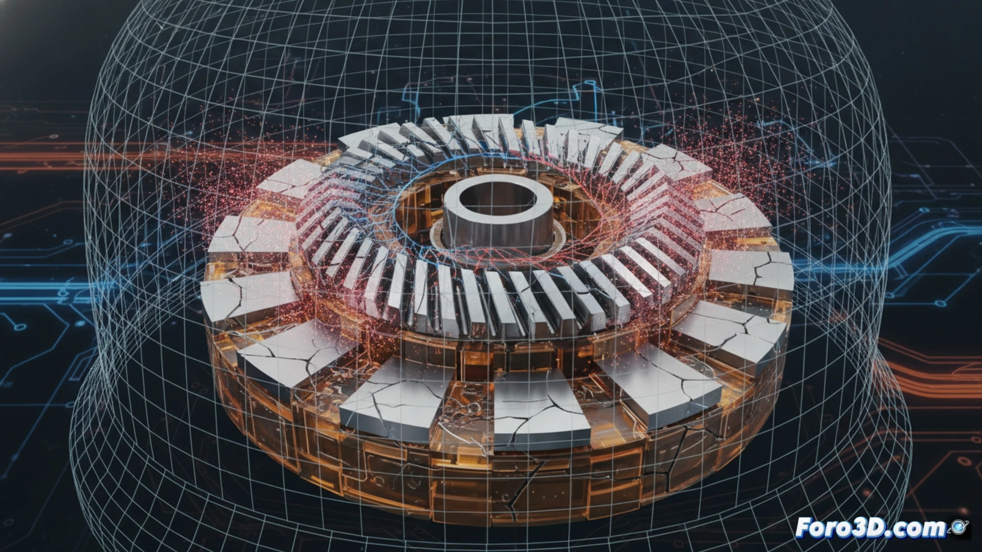 simulación 3d fatiga resina en engranajes magnéticos motor industrial fallo por microdesplazamiento polos imanes
