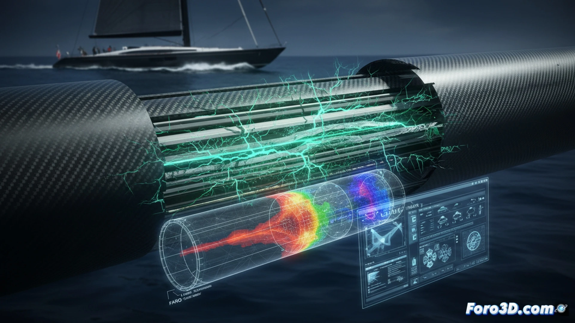 Escaneo 3D de mástil de carbono con FARO Scene mostrando zonas de delaminación invisible por fatiga