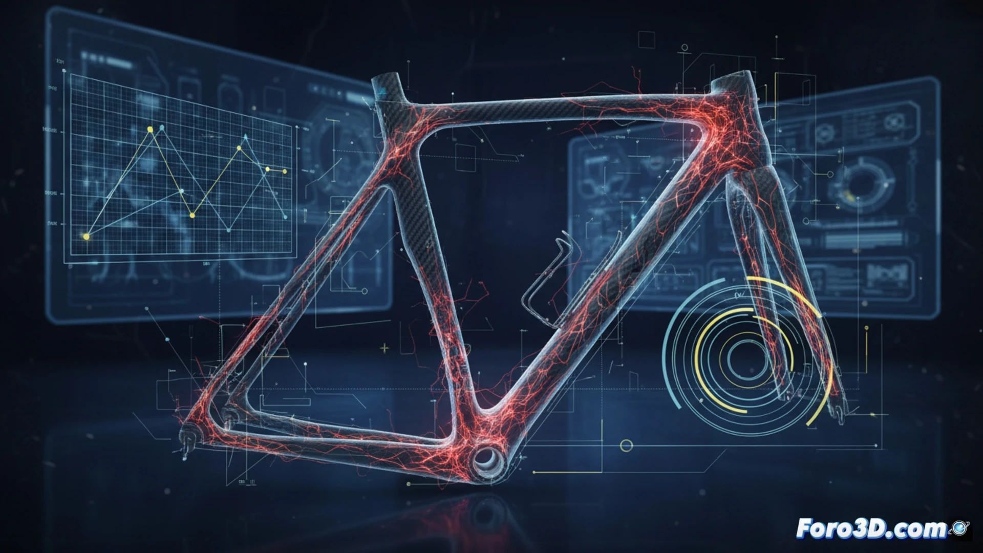 Simulacion 3D de fatiga en fibra de carbono mostrando grietas internas en cuadro de bicicleta antes de rotura