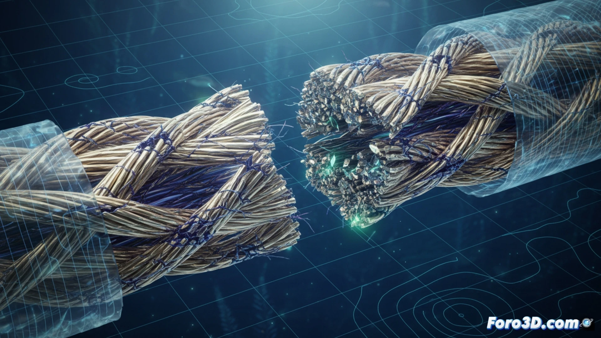 Simulación 3D de fatiga en cable de fibra de carbono con microfisuras a escala nanométrica en detector submarino