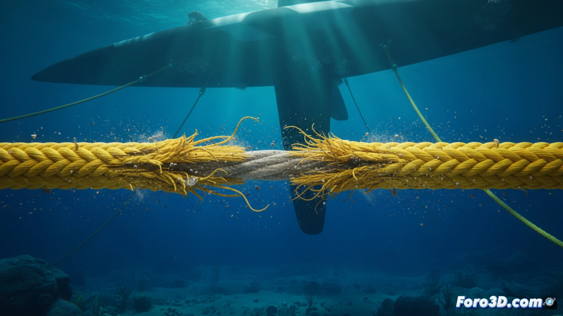Fotogrametria submarina muestra desgaste localizado en cable de Kevlar por abrasion de sedimentos en cometa mareomotriz