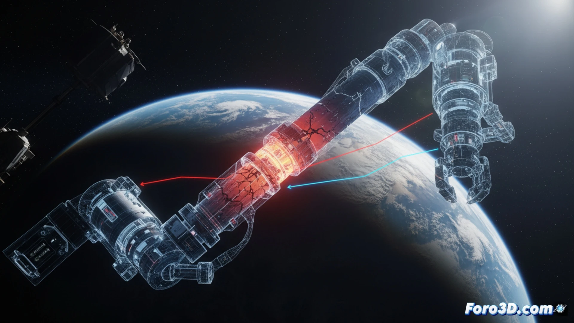 Simulación 3D de fatiga térmica en brazo orbital con sombra terrestre y puntos críticos de fallo
