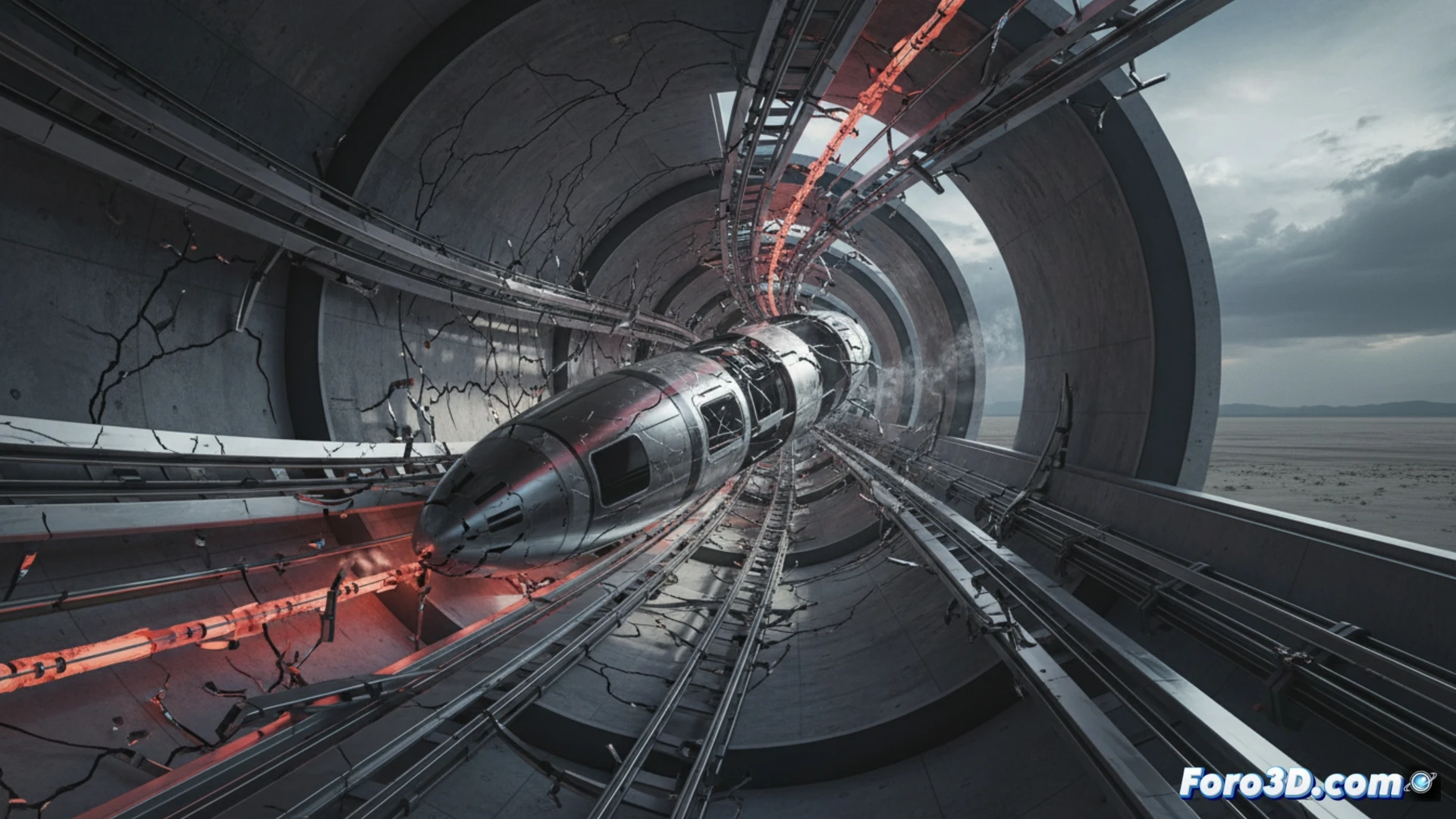 Simulación 3D de fatiga térmica en tubo Hyperloop mostrando deformación y puntos de estrés en rieles magnéticos