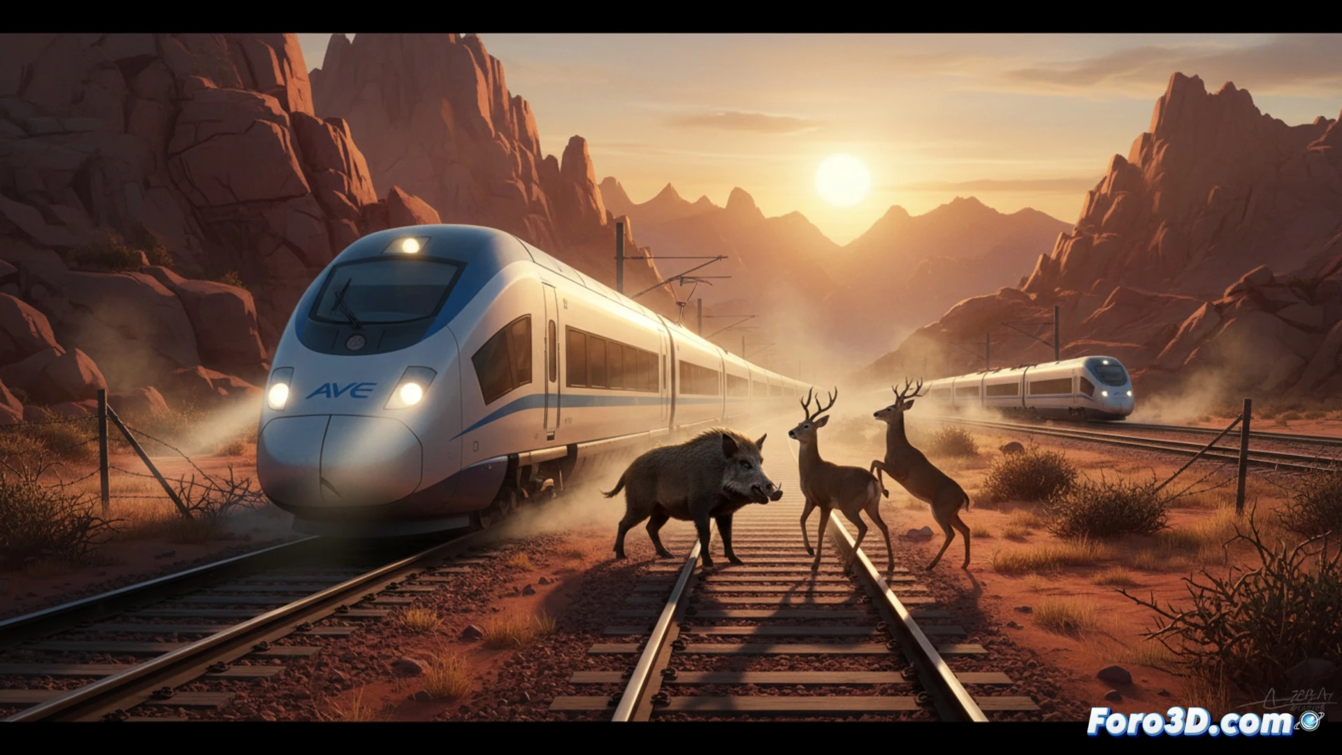 high-speed AVE train braking urgently on a curved railway track between Calatayud and Plasencia de Jalón, a wild boar crossing the rails directly ahead, dust and gravel kicked up by emergency brakes, train headlights illuminating the animal in dramatic contrast, overhead catenary wires and signal posts visible, late evening golden hour light, cinematic photorealistic engineering visualization, motion blur on train wheels, realistic wildlife fur texture, railway infrastructure detail, urgent action scene, ultra-detailed mechanical components, dramatic tension, no text or numbers