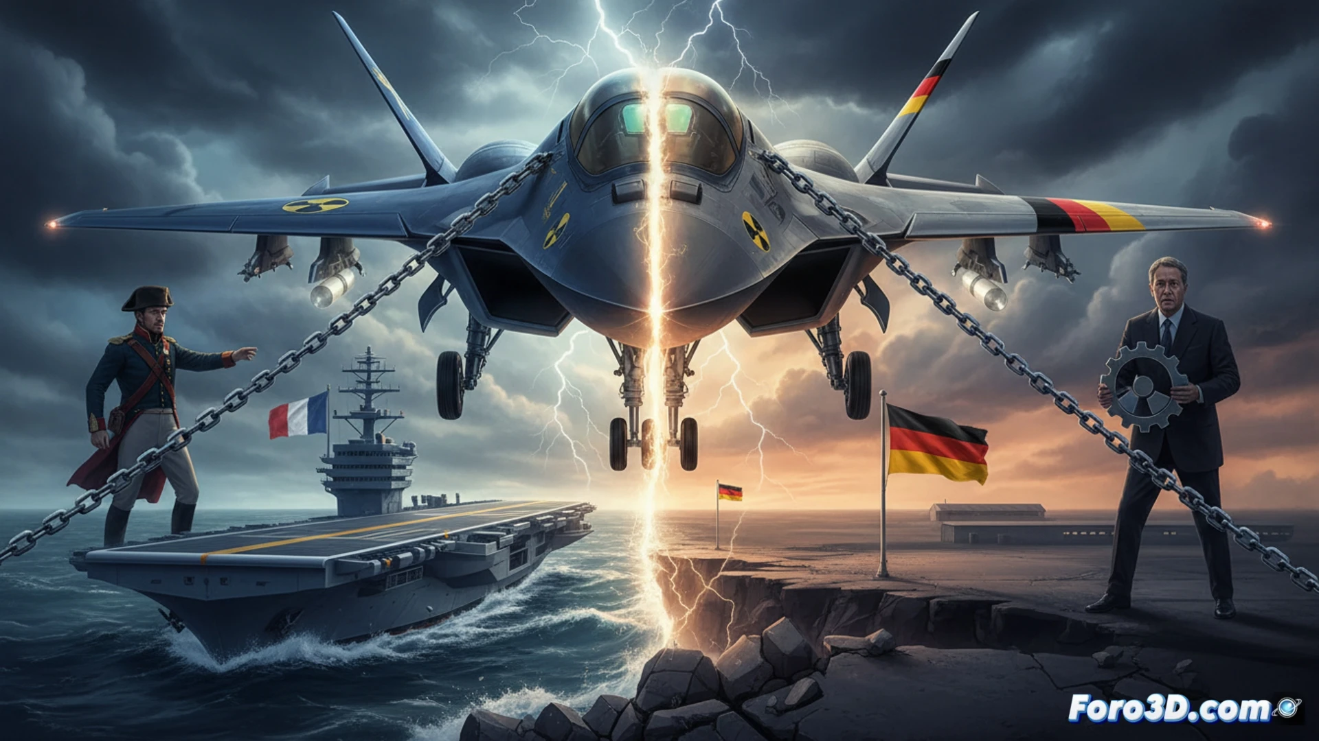 Eurofighter-sized stealth jet model on a split aircraft carrier deck, left side showing German airbase tarmac, right side French carrier catapult track, nuclear weapon-shaped payload pod beneath fuselage, engineers in blue suits pointing at conflicting blueprint diagrams, holographic project timeline showing 2035 deadline with red warning indicators, cinematic engineering visualization, photorealistic aircraft surfaces with radar-absorbent texture, dramatic side-lighting from hangar bay and runway lights, detailed landing gear and weapon bay doors partially open, ultra-realistic metal reflections, technical illustration style