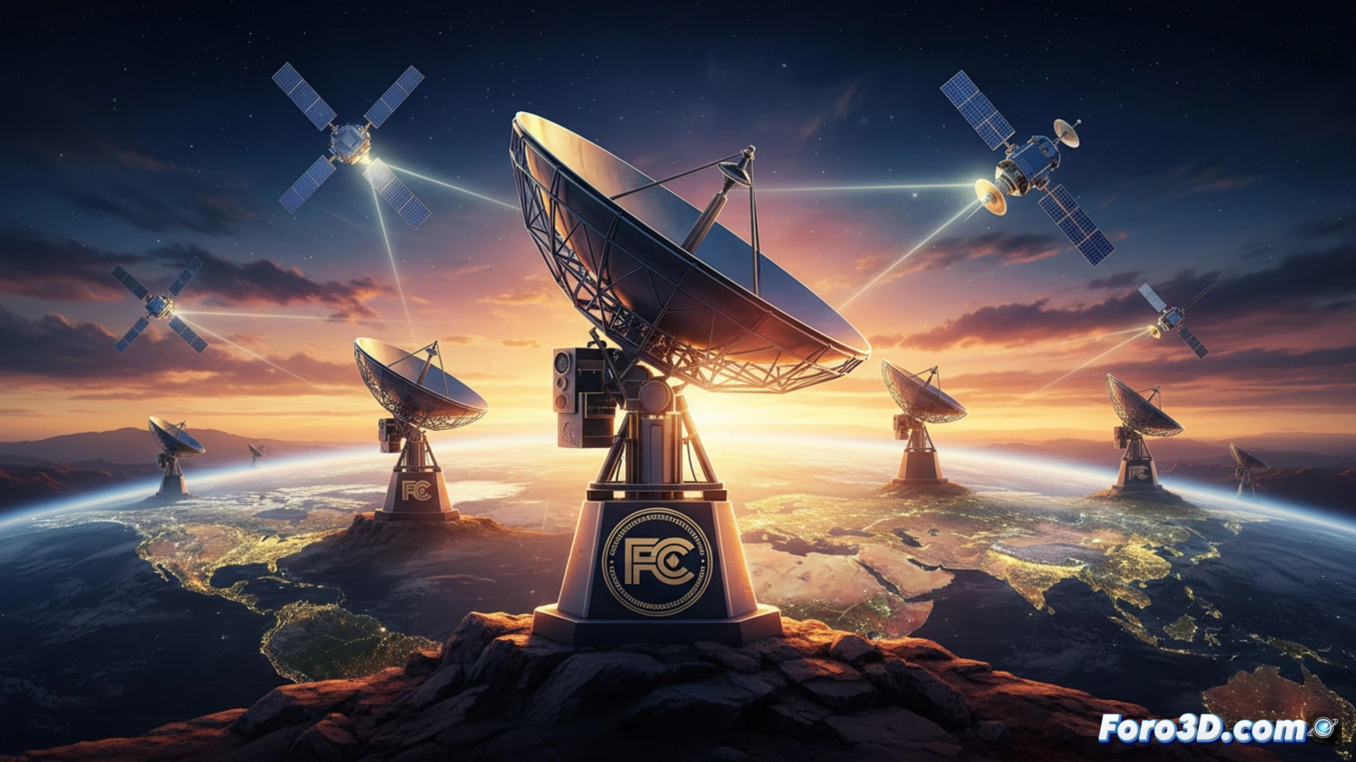 Una FCC estilizada sobre un globo terráqueo iluminado por redes satelitales en órbita baja, con rayos de espectro compartido entre satélites y antenas terrestres.
