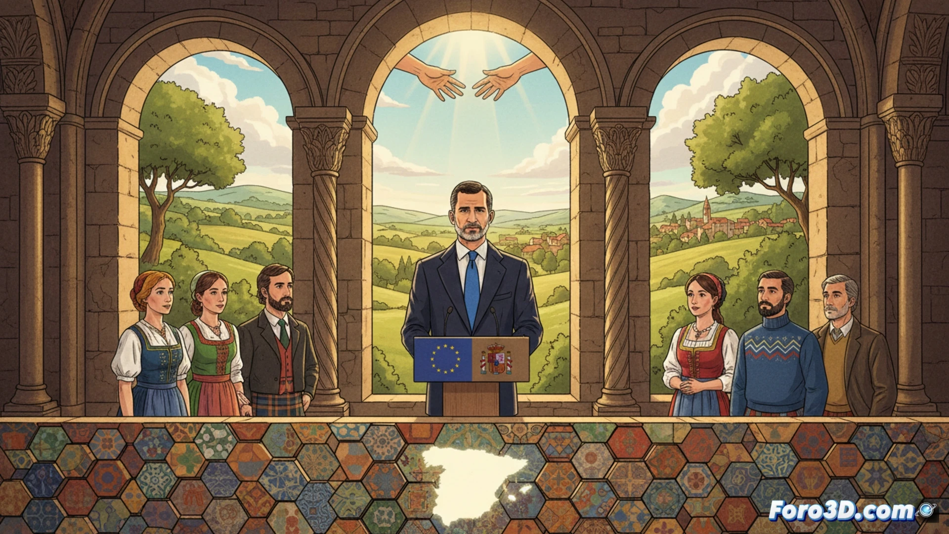 European Union member states arranged as puzzle pieces on a large oak table, King Felipe VI standing at a podium in Yuste Monastery, one hand gesturing toward a holographic map of Europe showing regional flags glowing, Comité Europeo de las Regiones emblem visible on a screen behind him, diverse local delegates in regional attire seated in a semicircle listening, sunlight streaming through Gothic windows, cinematic photorealistic architectural interior, warm stone walls, polished wood reflections, dramatic chiaroscuro lighting, ultra-detailed textures on clothing and carved monastery columns, technical illustration style emphasizing unity and diversity symbolism