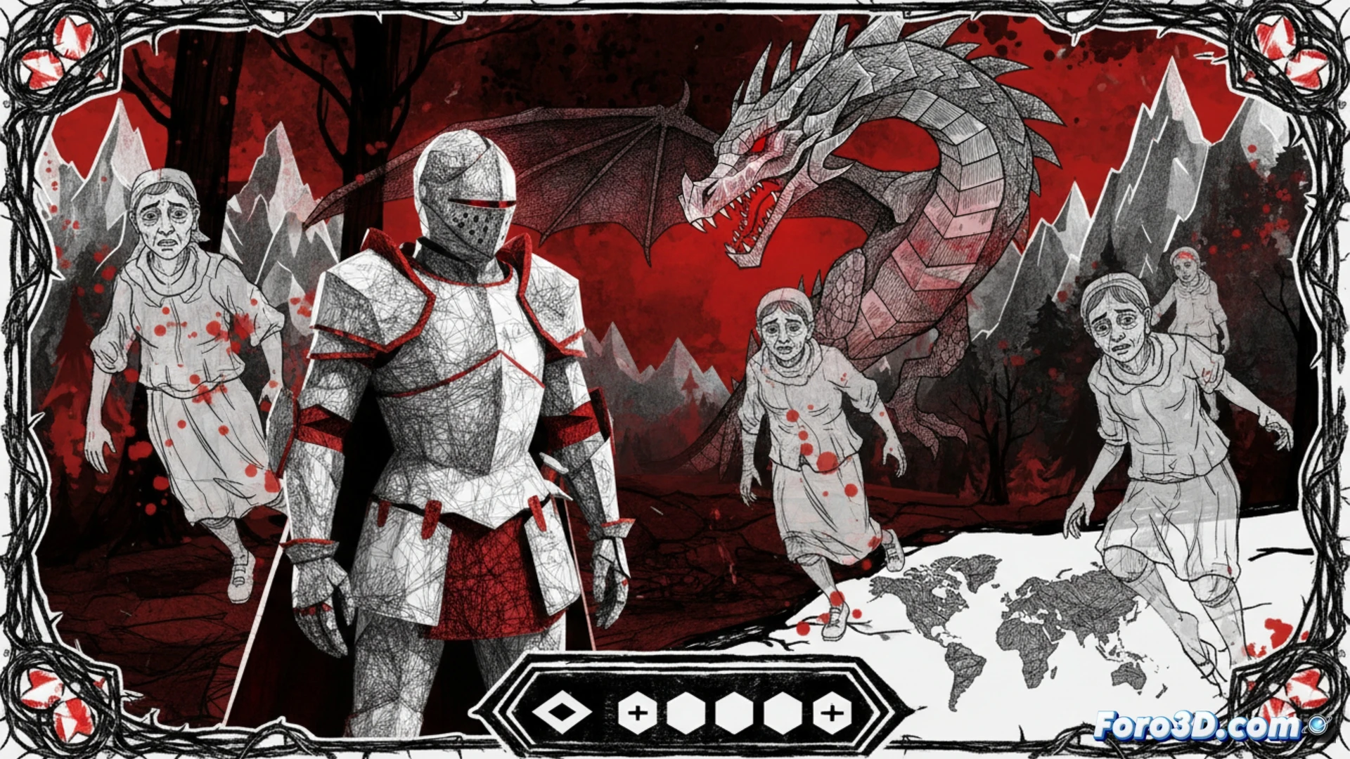 Felvidek mezcla bocetos 2D blanco, negro y rojo con entornos 3D low-poly en RPG Maker MZ
