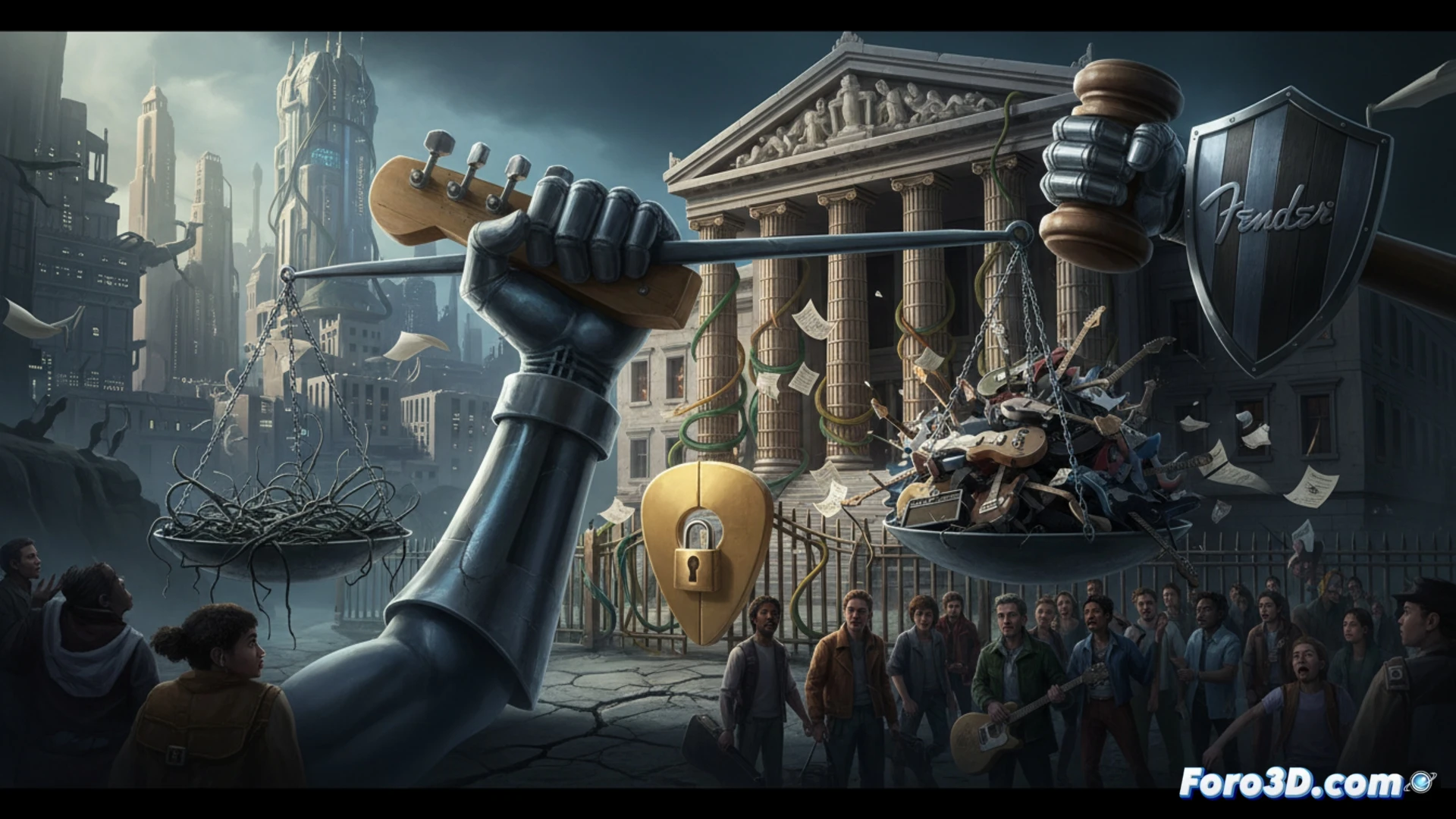 Fender guitar neck being pulled apart by two robotic arms while a cracked budget guitar body lies on a factory floor, patent documents floating in midair between broken headstocks, mechanical gears and circuit boards scattered around, cinematic engineering visualization, dramatic side lighting casting long shadows, metallic debris reflecting harsh workshop lamps, photorealistic industrial render, motion blur on the tearing action, cold blue and orange contrast, ultra-detailed wood grain and metal fractures