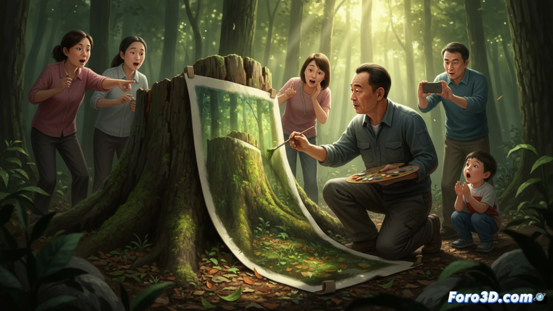 Feng Dengyu pinta sobre un papel colocado en un tocón, logrando una ilusión óptica que lo borra visualmente al fusionarlo con el fondo.