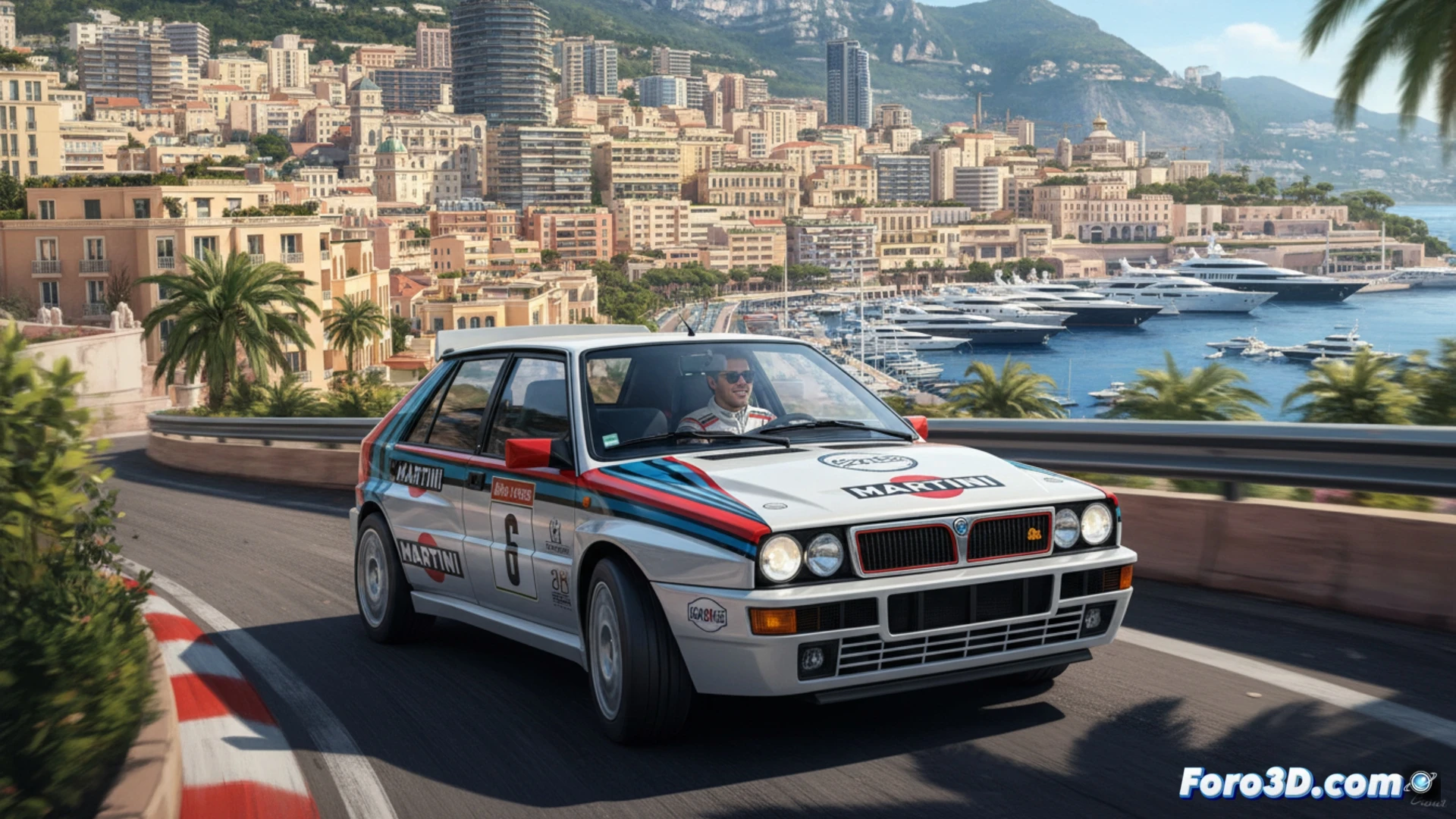 Lancia Delta HF Integrale Evoluzione Martini 6 acelerando en curva cerrada del circuito de Mónaco, humo de neumáticos elevándose mientras el coche derrapa, decoración Martini Racing visible en la carrocería blanca, matrícula con número 14, faros redondos y llantas de aleación clásicas, fondo con edificios de Montecarlo y barreras metálicas, luz de atardecer reflejándose en el asfalto mojado, movimiento dinámico, estilo cinematográfico hiperrealista, detalle de motor turbo y suspensión trasera, póster automovilístico vintage