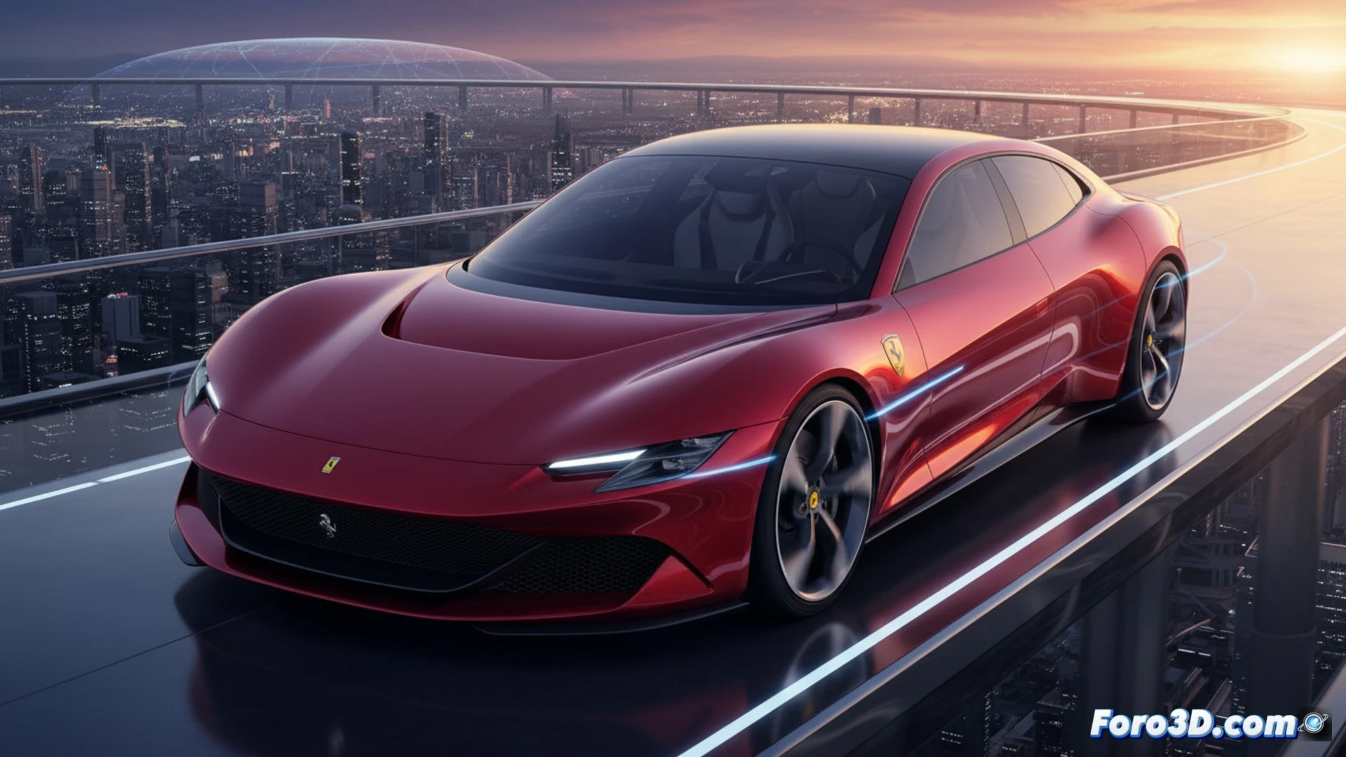 Ferrari Luce electric vehicle during wind tunnel testing, Jony Ive designed bodywork with ultra-smooth surfaces, airflow visualization showing laminar flow over the front hood and side panels, rear diffuser actively channeling air while battery pack cooling vents open, five-seat cabin visible through transparent side section, largest Ferrari trunk lid open revealing cargo space, engineering team monitoring aerodynamic data on holographic displays, carbon fiber underbody with glowing blue battery cell indicators, dramatic studio lighting reflecting off metallic silver paint, cinematic technical visualization, ultra-detailed mechanical components, photorealistic industrial render