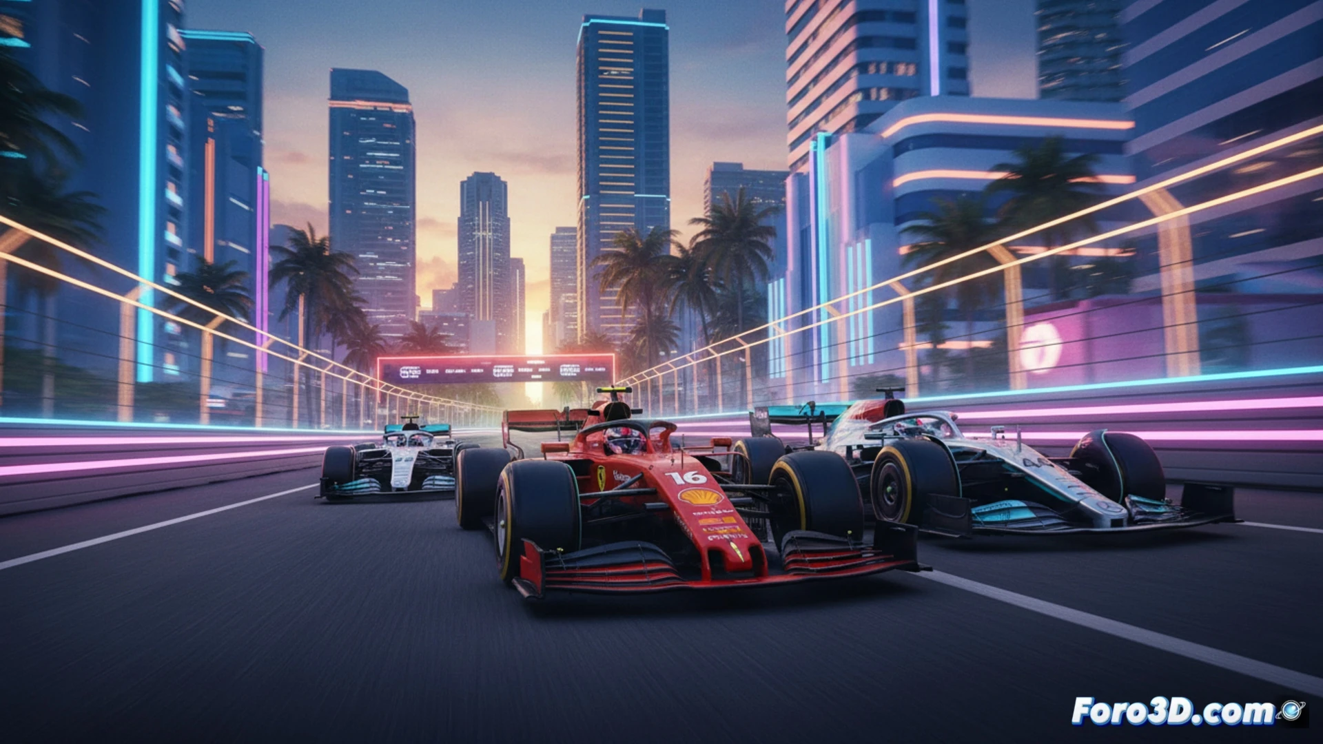 Ferrari rojo de Leclerc lidera en Miami, con Mercedes detrás y banderas de la FIA al fondo.