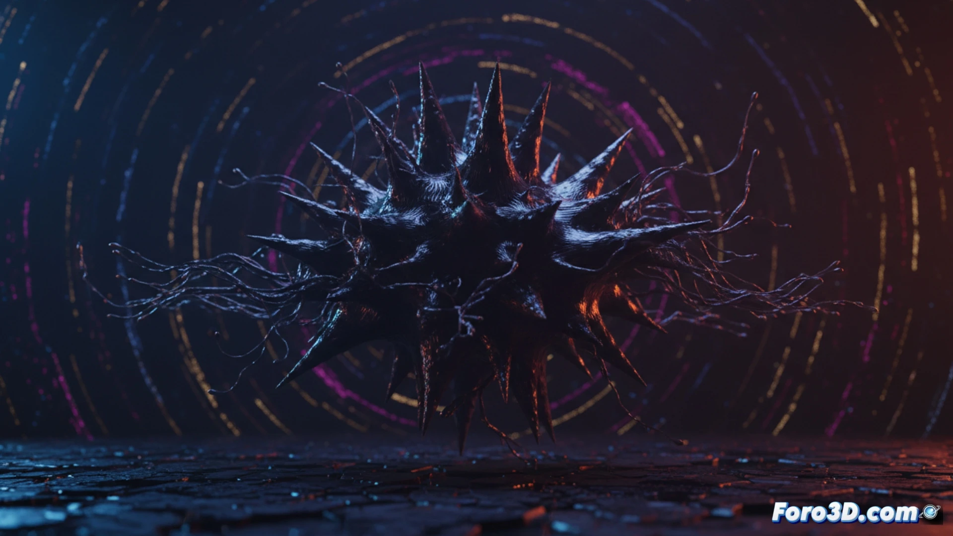 Una escena 3D abstracta muestra un ferrofluido negro con picos metálicos y dinámicos generados proceduralmente en Blender, iluminado con reflejos azulados y naranjas, sobre un fondo oscuro.
