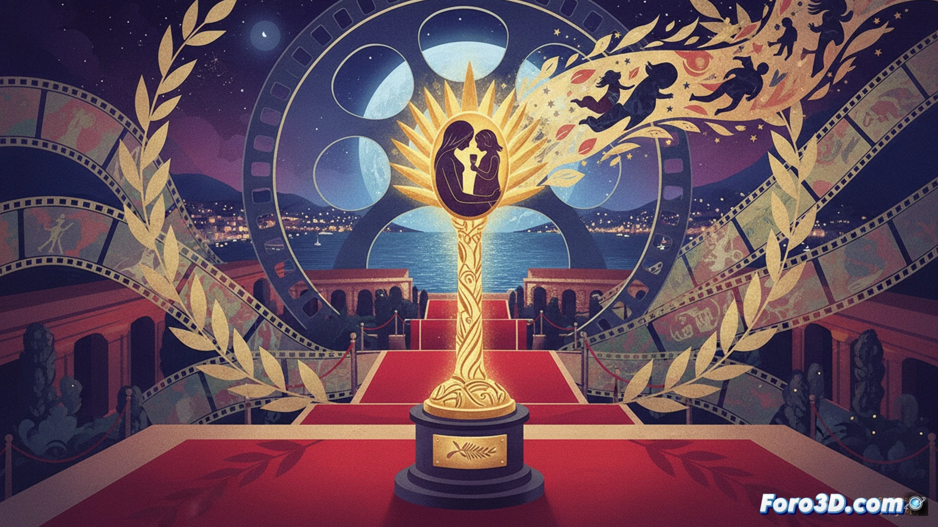 cinematic scene of a filmmaker adjusting a vintage 35mm camera on a dolly track, red carpet reflecting on polished marble floor, director pointing at a monitor showing a blurred mother-daughter silhouette, film reels and editing software interfaces floating as holograms, warm amber light from vintage screening room lamps, technical illustration style, photorealistic render, dramatic shadows across film editing equipment, soft focus on film grain textures